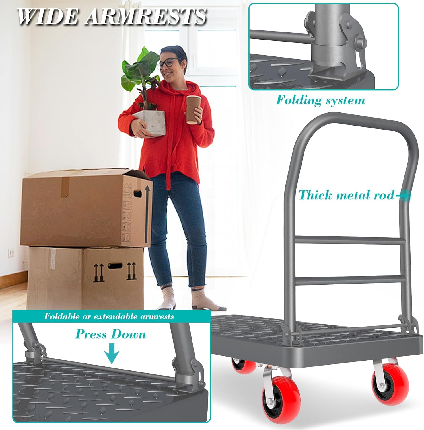 Platform Truck Foldable Flatbed Cart 24'' x 48'' Heavy Duty Push Cart Dolly 2600LBS Capacity Large Platform Cart w/ 5'' Swivel Wheels for Groceries, Garage, Warehouse