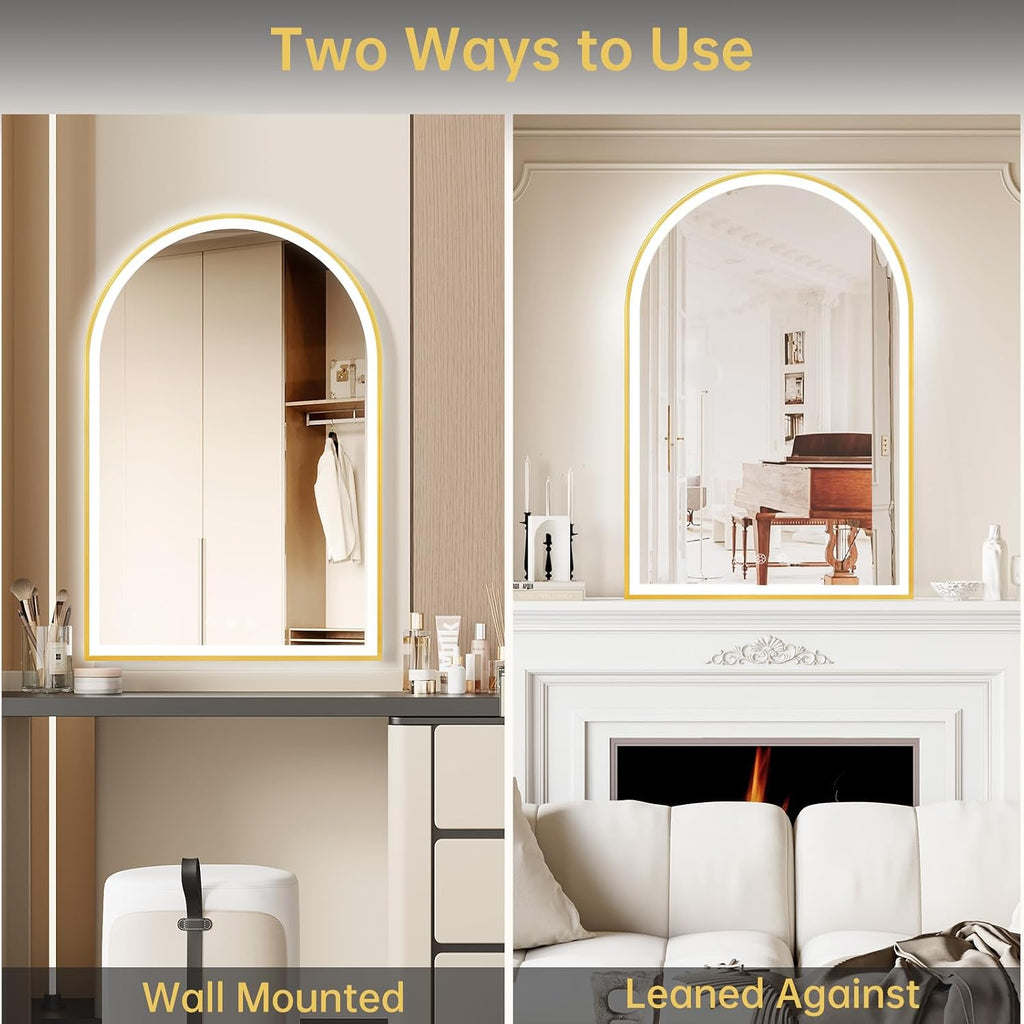 24'x36' Arched LED Mirror for Bathroom, Brushed Gold Lighted Bathroom Mirror with Lights, Fogless, Dimmable, Shatterproof, Touch Sensor, 3 Color Changing