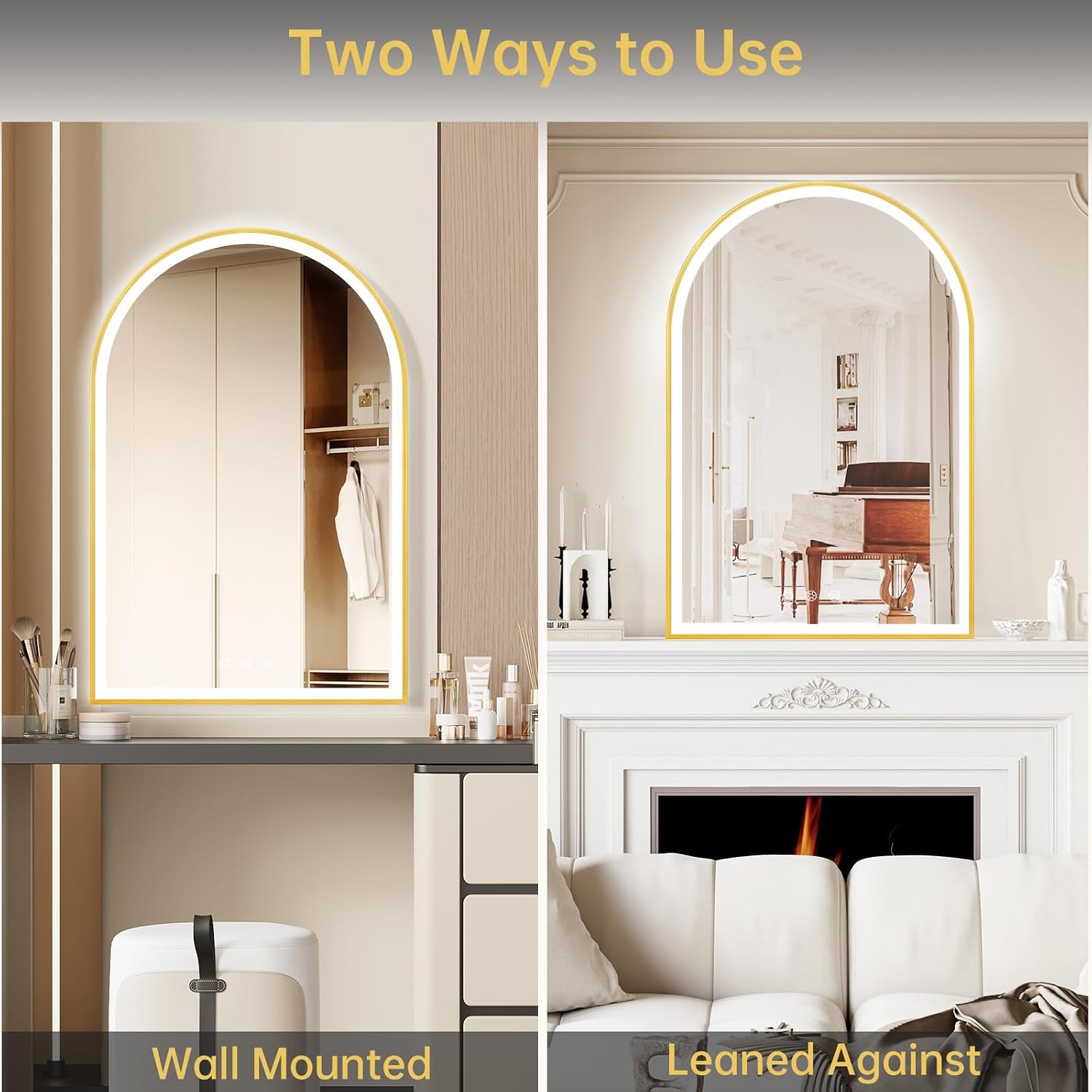 24'x36' Arched LED Mirror for Bathroom, Brushed Gold Lighted Bathroom Mirror with Lights, Fogless, Dimmable, Shatterproof, Touch Sensor, 3 Color Changing