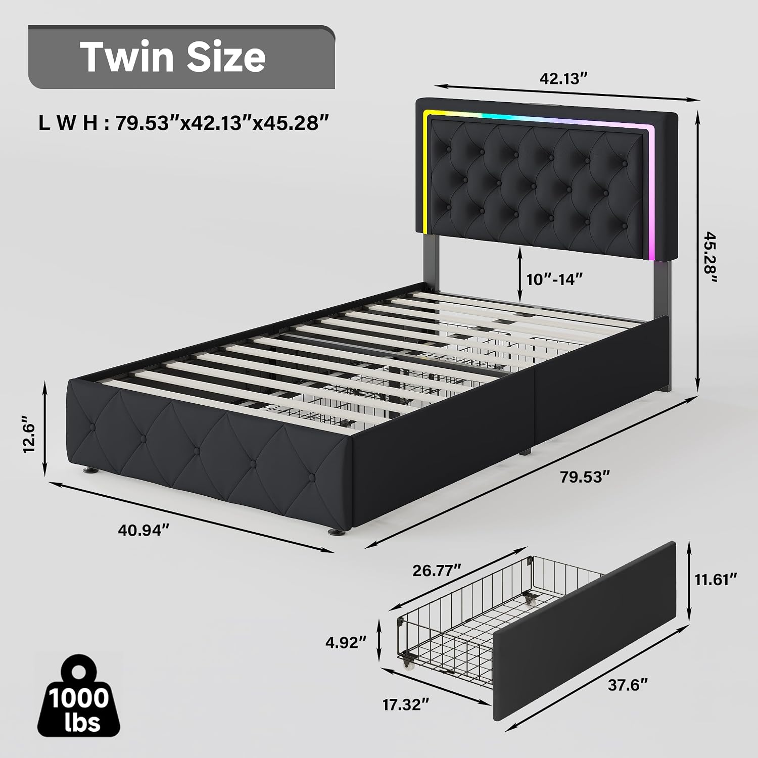 LED Twin Bed Frames with Headboard and Storage,Twin Size Bed Frames with 4 Storage Drawers and LED Lights,Velvet Upholstered Platform Twin Bed Frame with Charging Station,No Box Spring Needed,Black