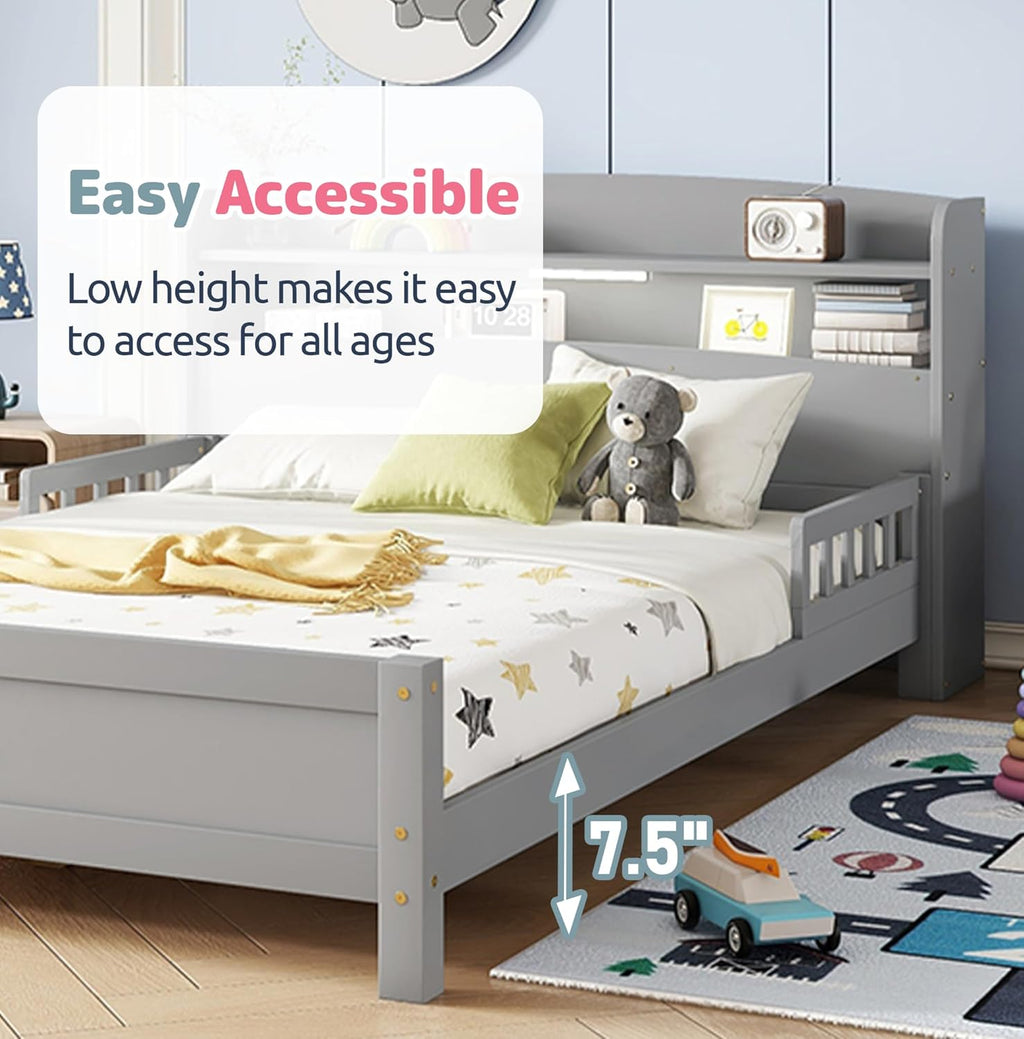 Full Size Kids Bed Frame with Storage Headboard & Motion Sensor LED Light, Wood Low Platform Bed with Detachable Guardrails, Full Bed Frame for Kids Boys Girls, No Box Spring Needed, Grey