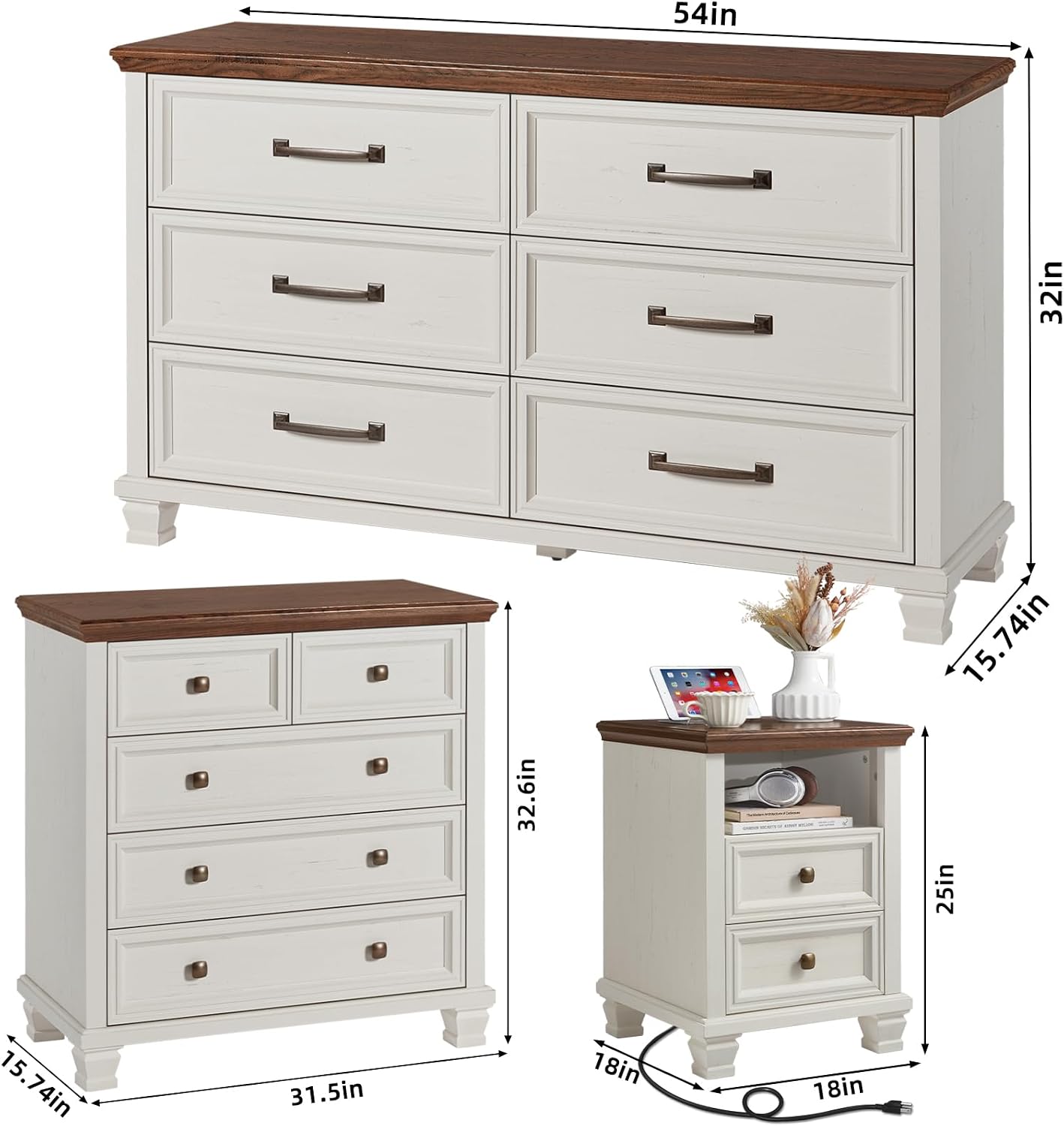 SAVOR LIFE Farmhouse Dresser and Nightstand Sets of 3, 6/5 Drawer Dresser & 2 Drawer Nightstand, Rustic White Bedroom Furniture Set for Home, Bedroom, Hallway, White