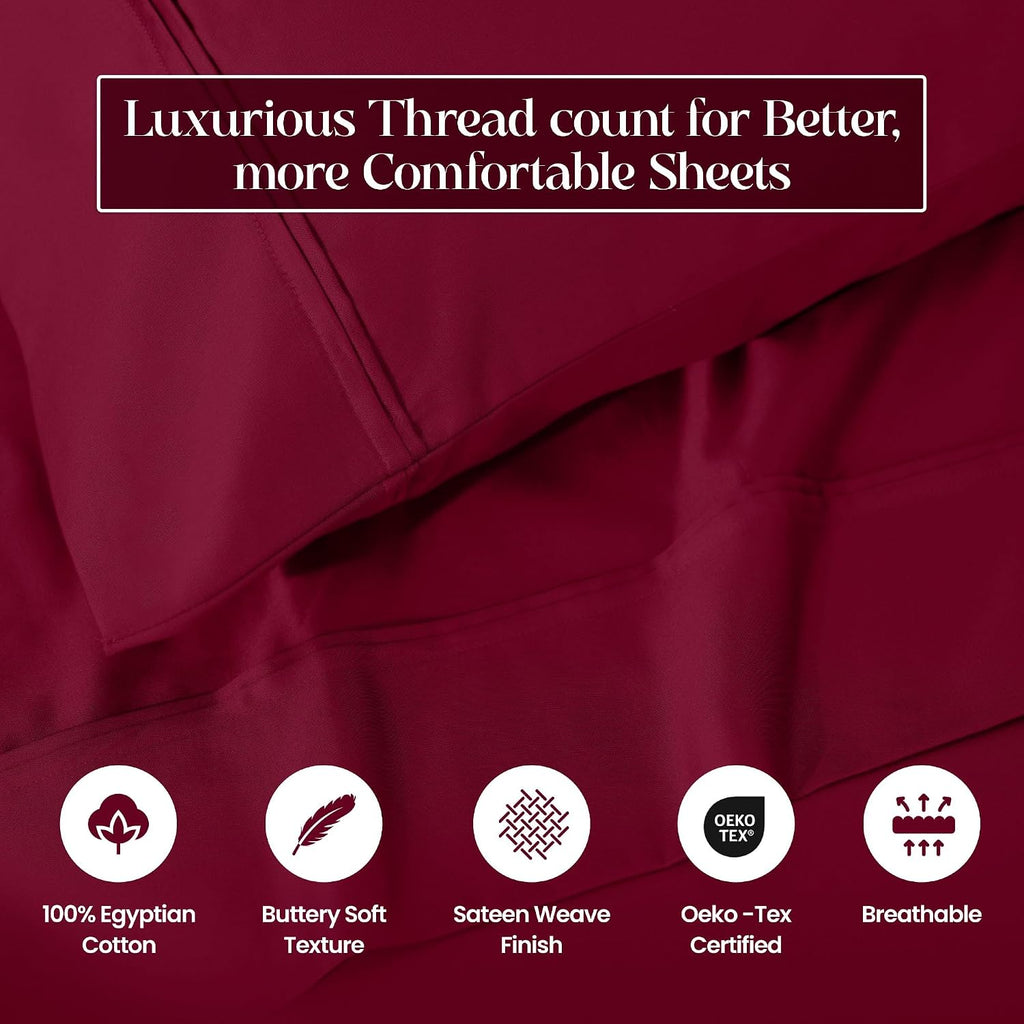 Superior 1200 Thread Count Egyptian Cotton Sheet Set, Bedroom Sheets, Modern Home Essentials, Luxury Bedding, 1 Elastic Deep Pocket Fitted Bed Sheet, 1 Flat Sheet, 2 Pillowcases, King, Burgundy