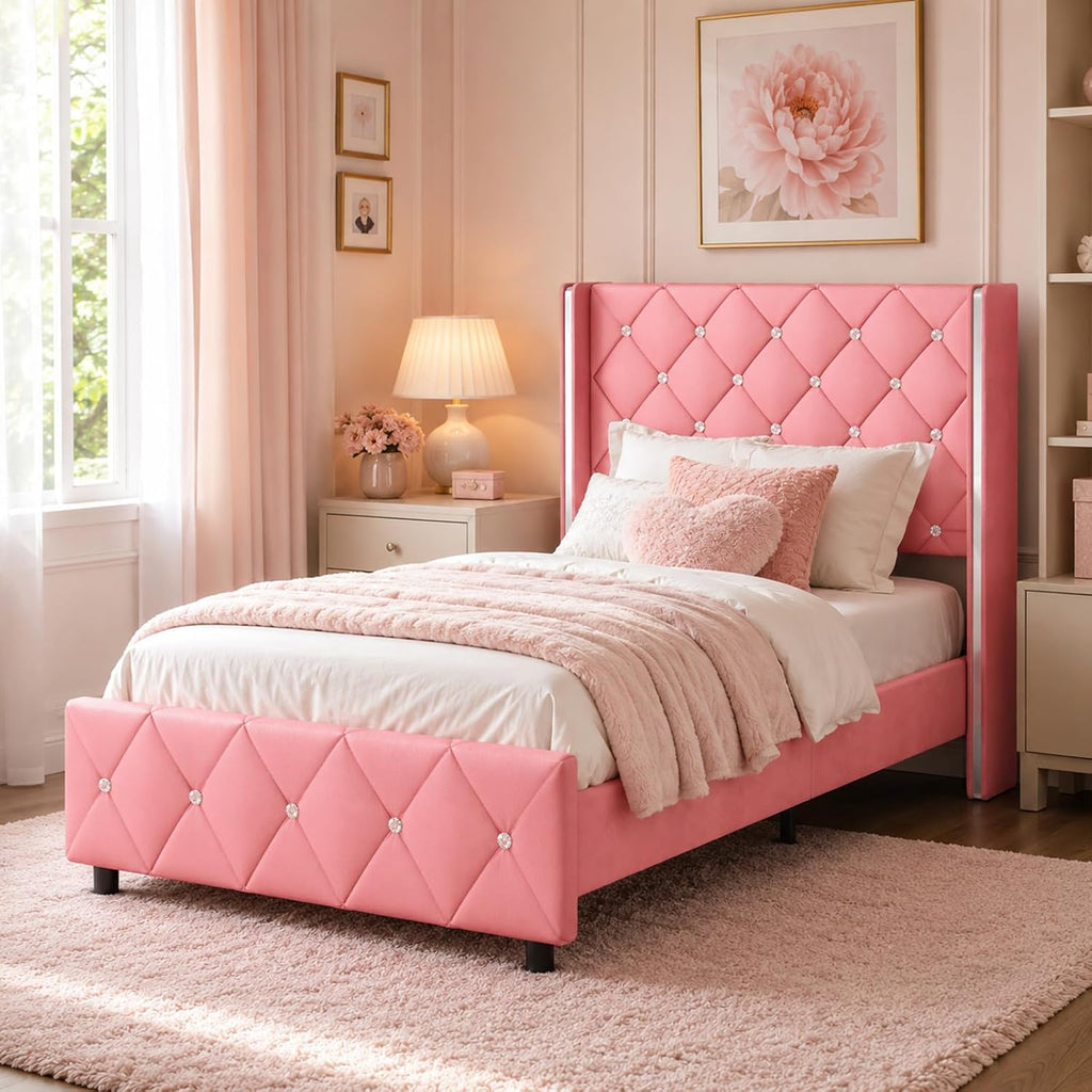 HOMBCK Twin Bed Frame with Headboard, Faux Leather Upholstered Bed with Diamond Tufted Design, Girls' Twin Bed Frames for Kids, No Box Spring Required, Easy Assembly, Pink