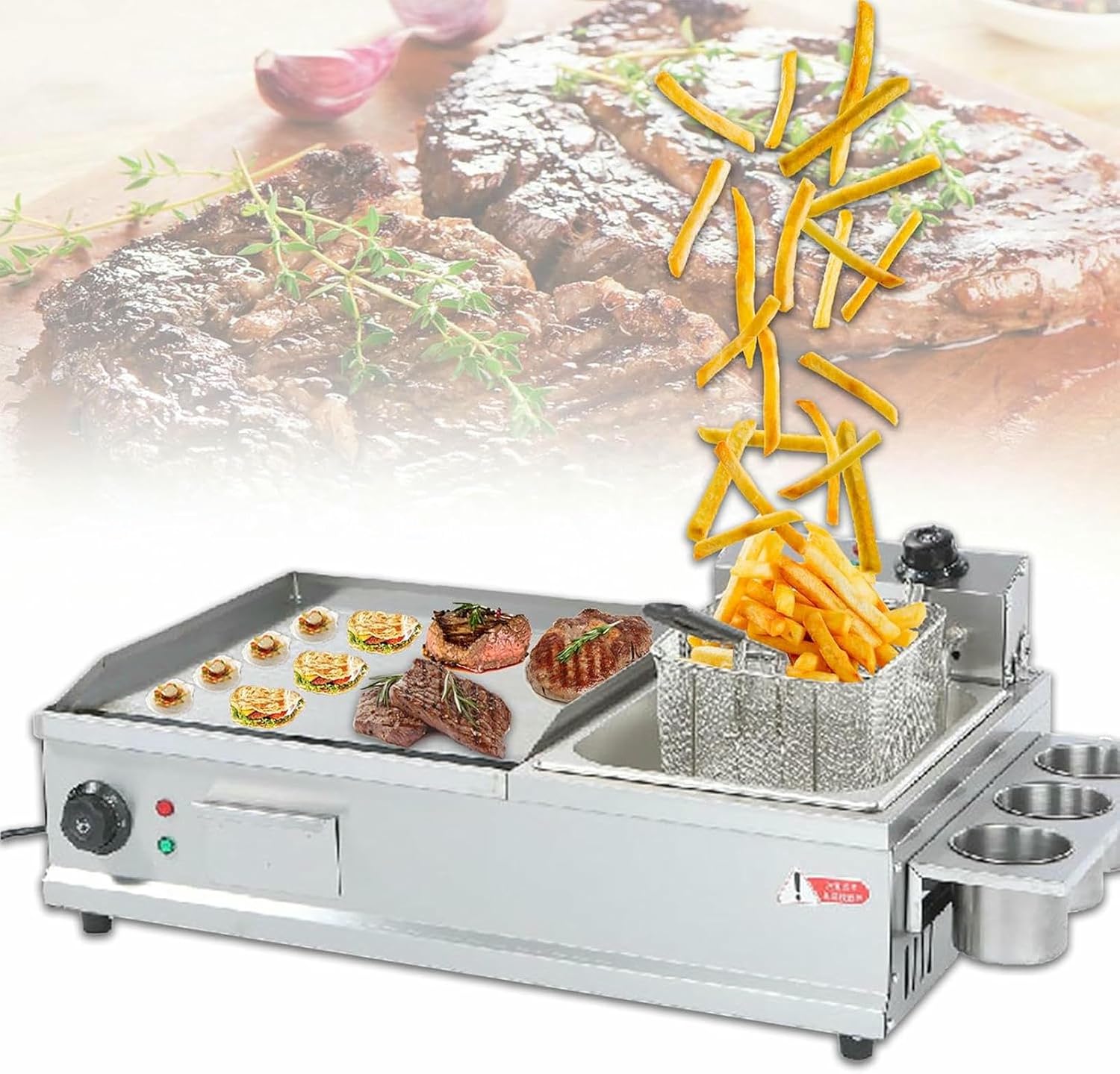 Electric Griddle Pan, Commercial Griddle and Deep Fryer, Countertop Flat Top Grill with Seasoning Rack, for Restaurant