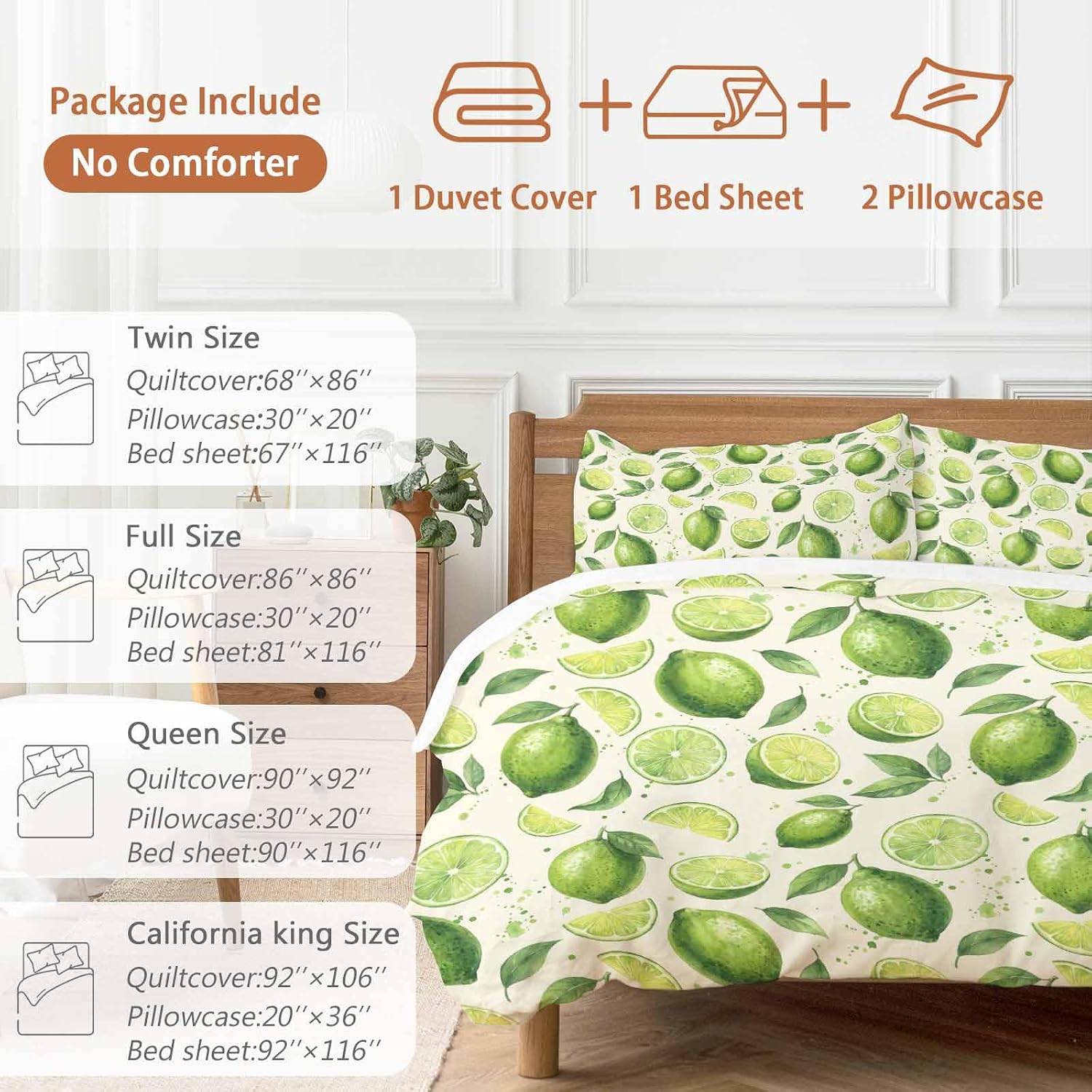 Summer Fruit Duvet Cover Set Queen Size 4 Pieces Watercolor Green Lemon Lime Slice Leaf Rustic Bedding Set with Zipper Closure, 1 Comforter Cover 92x106 Inches 1 Flat Sheet & 2 Pillow Cases