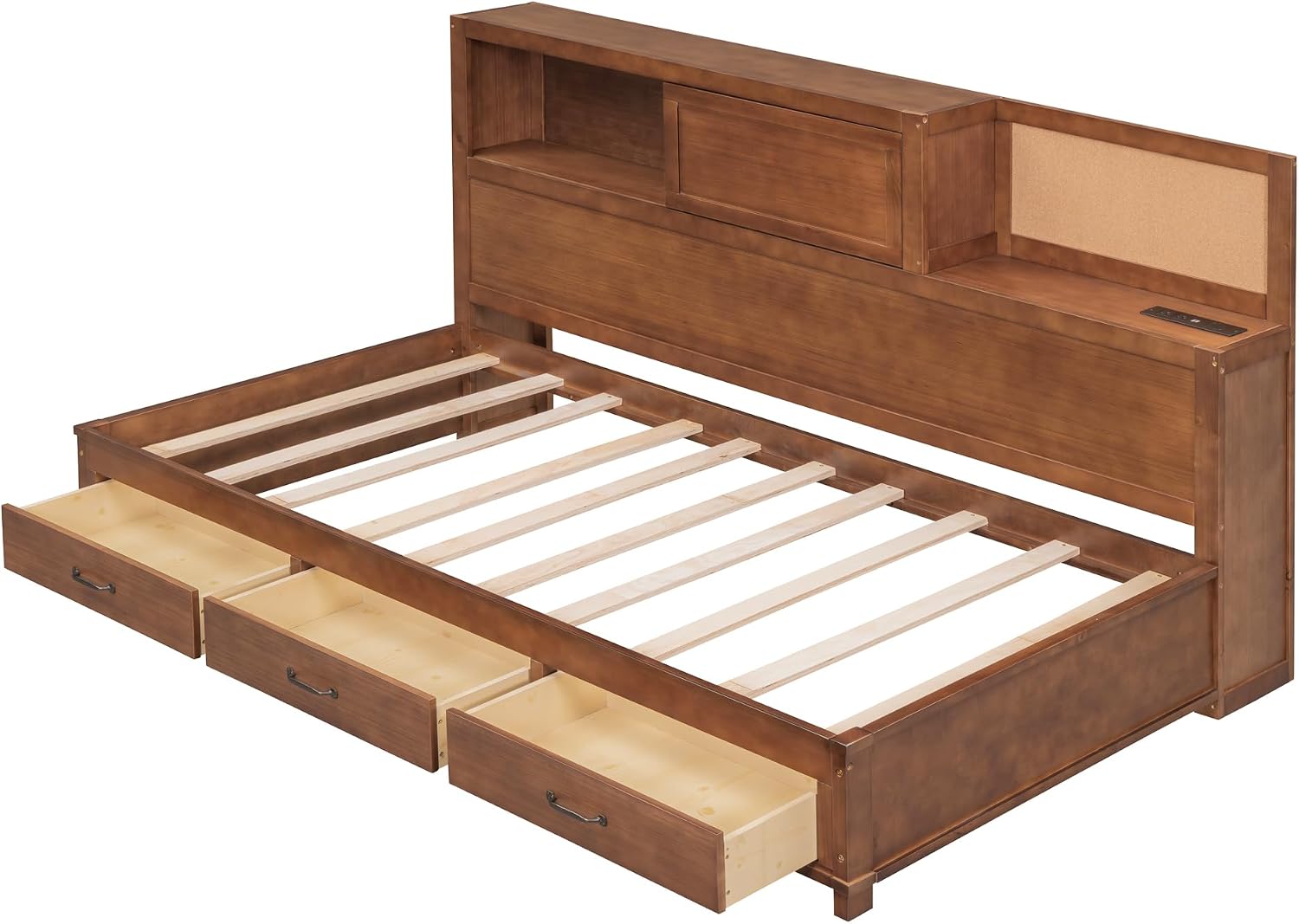 Harper & Bright Designs Twin Size Wooden Daybed with 3 Storage Drawers, Upper Soft Board, Shelf and a Set of Sockets and USB Ports, Twin Storage Bed for Small Living Space,Brown