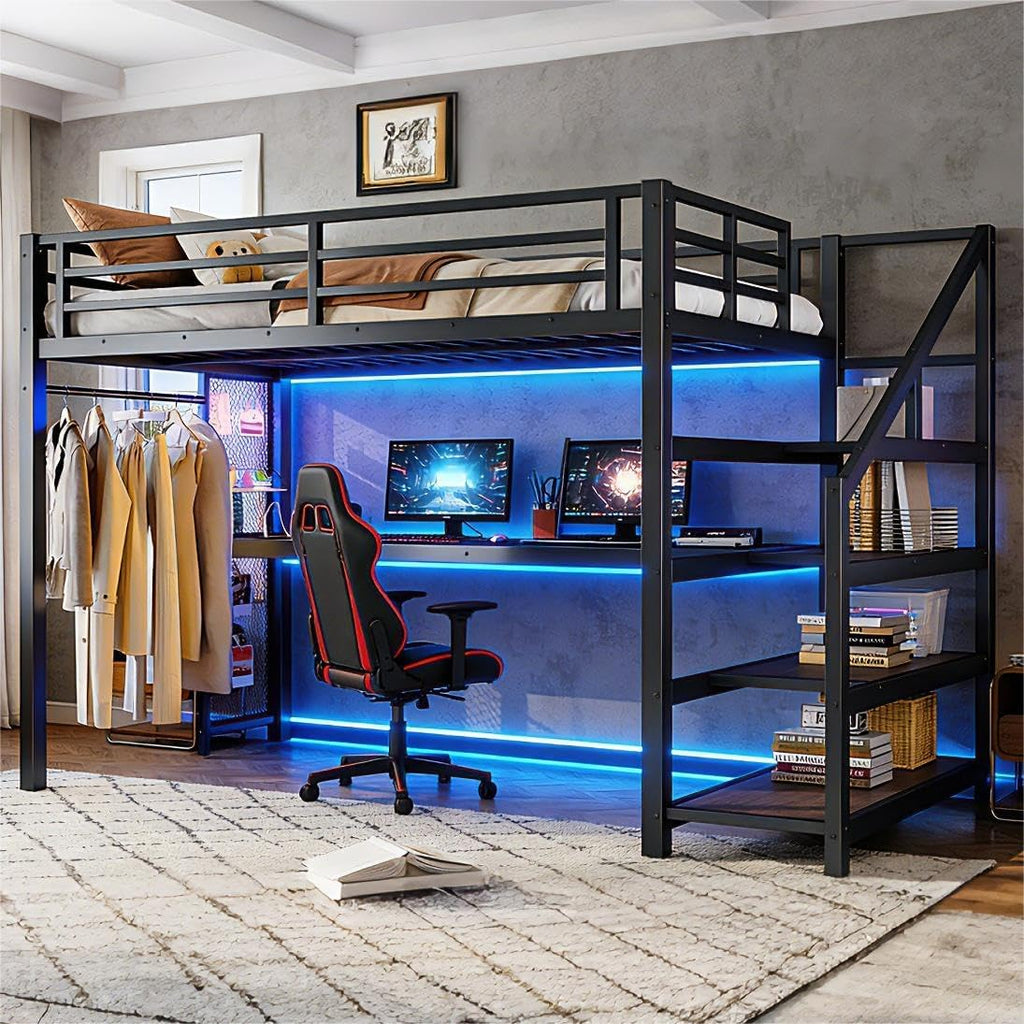 Bellemave Twin XL Loft Bed with Desk & Storage Stairs, Metal Twin XL Loft Bed Frame with Iron Nets, LED Lights & USB Ports, Heavy Duty Adult Loft Beds for Kids, Teens, Adults, Noise-Free, Black