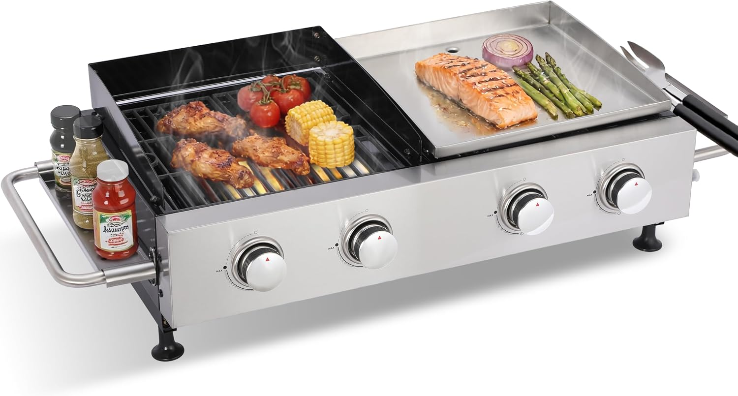 Propane Gas Griddle Grill Combo 2-in-1 – 4 Burner Flat Top Grill & Cast Iron Grate, Tabletop BBQ with Side Shelves, Stainless Steel Outdoor Cooker for Camping, Backyard, Patio, Tailgating