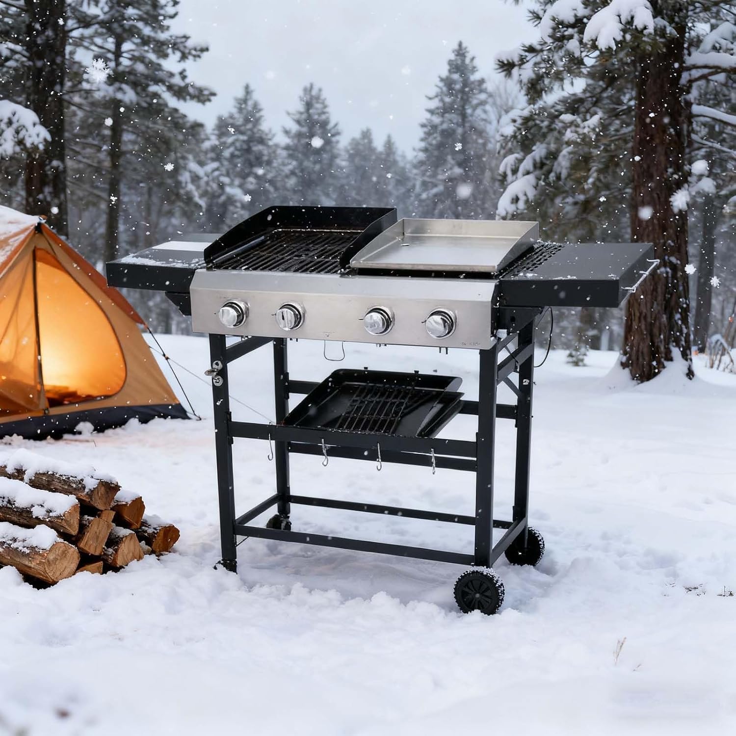 Propane Gas Grill & Griddle Combo - 2-Burner, Outdoor Cooking Grills with Cover for Camping, Tailgating, Black & Silver