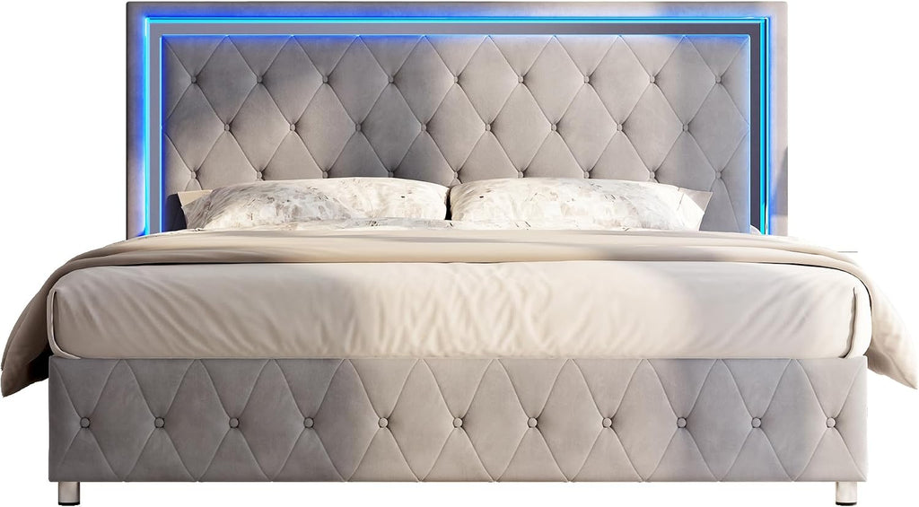 Jocisland Queen Bed Frame with LED Lights Headboard&Footboard, Velvet Upholstered Queen Size Platform Bed Frame No Box Spring Needed/Light Grey