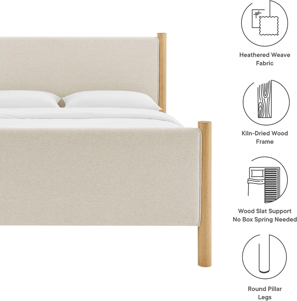 Modway Maven Queen Size Bed Frame in Ivory Oak with Upholstered Fabric Headboard and Footboard – Wood Queen Platform Bed Frame – No Box Spring Needed