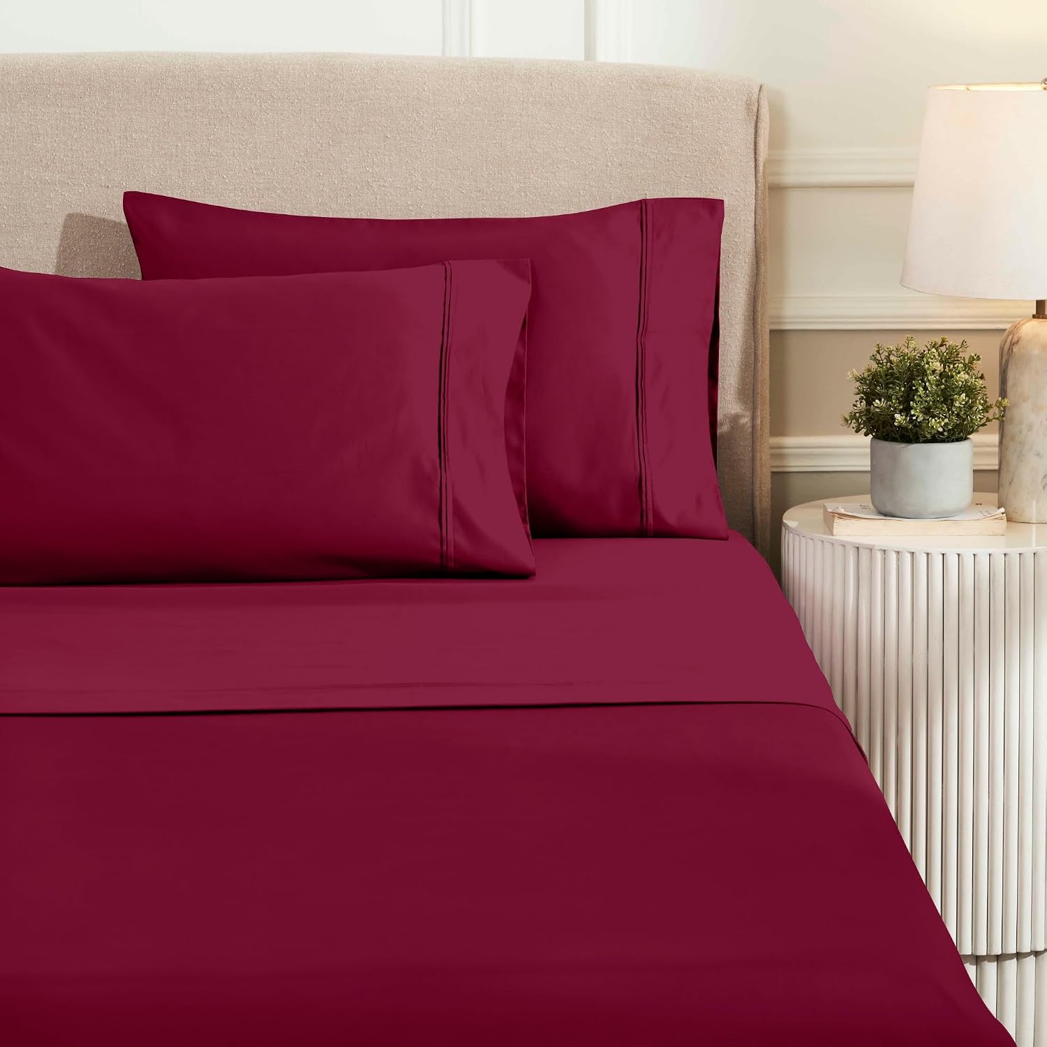 Superior 1200 Thread Count Egyptian Cotton Sheet Set, Bedroom Sheets, Modern Home Essentials, Luxury Bedding, 1 Elastic Deep Pocket Fitted Bed Sheet, 1 Flat Sheet, 2 Pillowcases, King, Burgundy