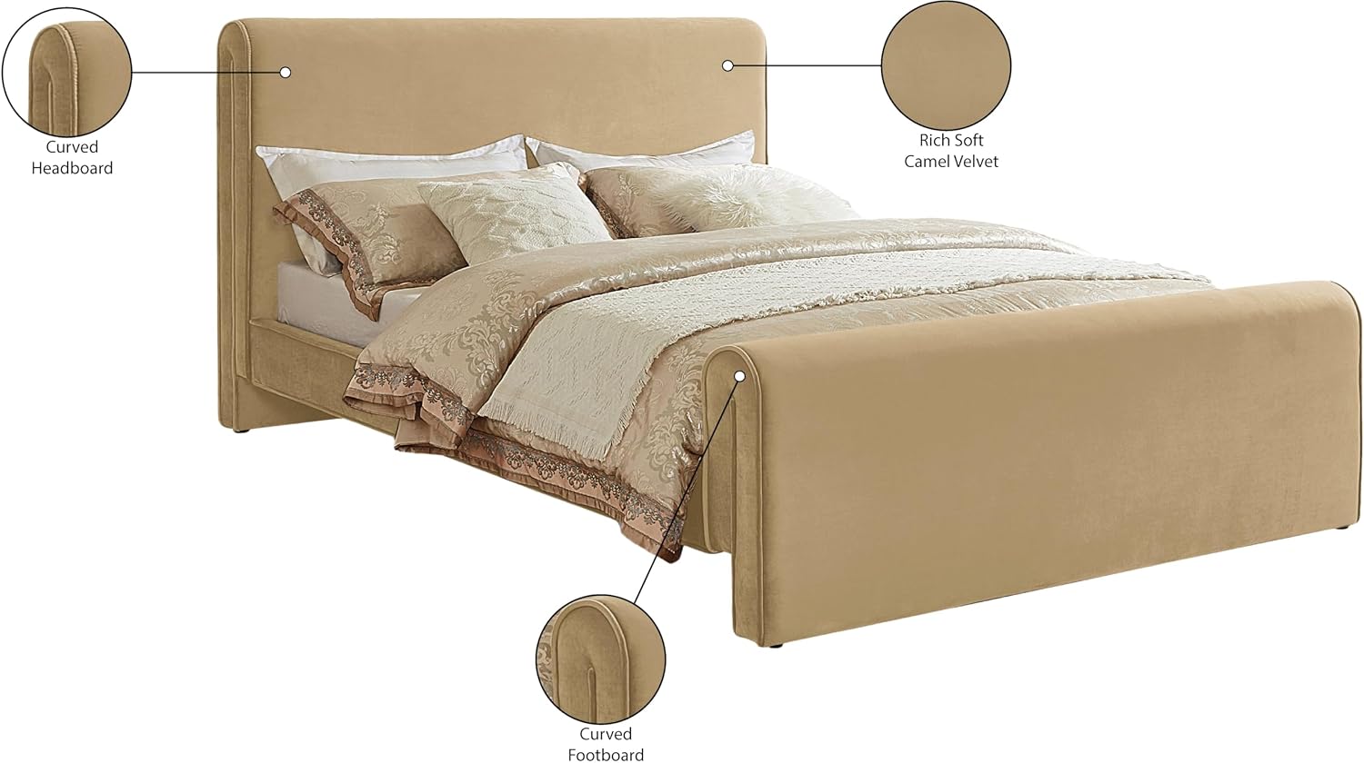 Meridian Furniture SloanCamel-F Sloan Collection Modern | Contemporary Velvet Upholstered Full Bed with Rich Soft Camel Velvet, Curved Headboard and Footboard, 59.5' W x 92' D x 45' H, Camel, Full