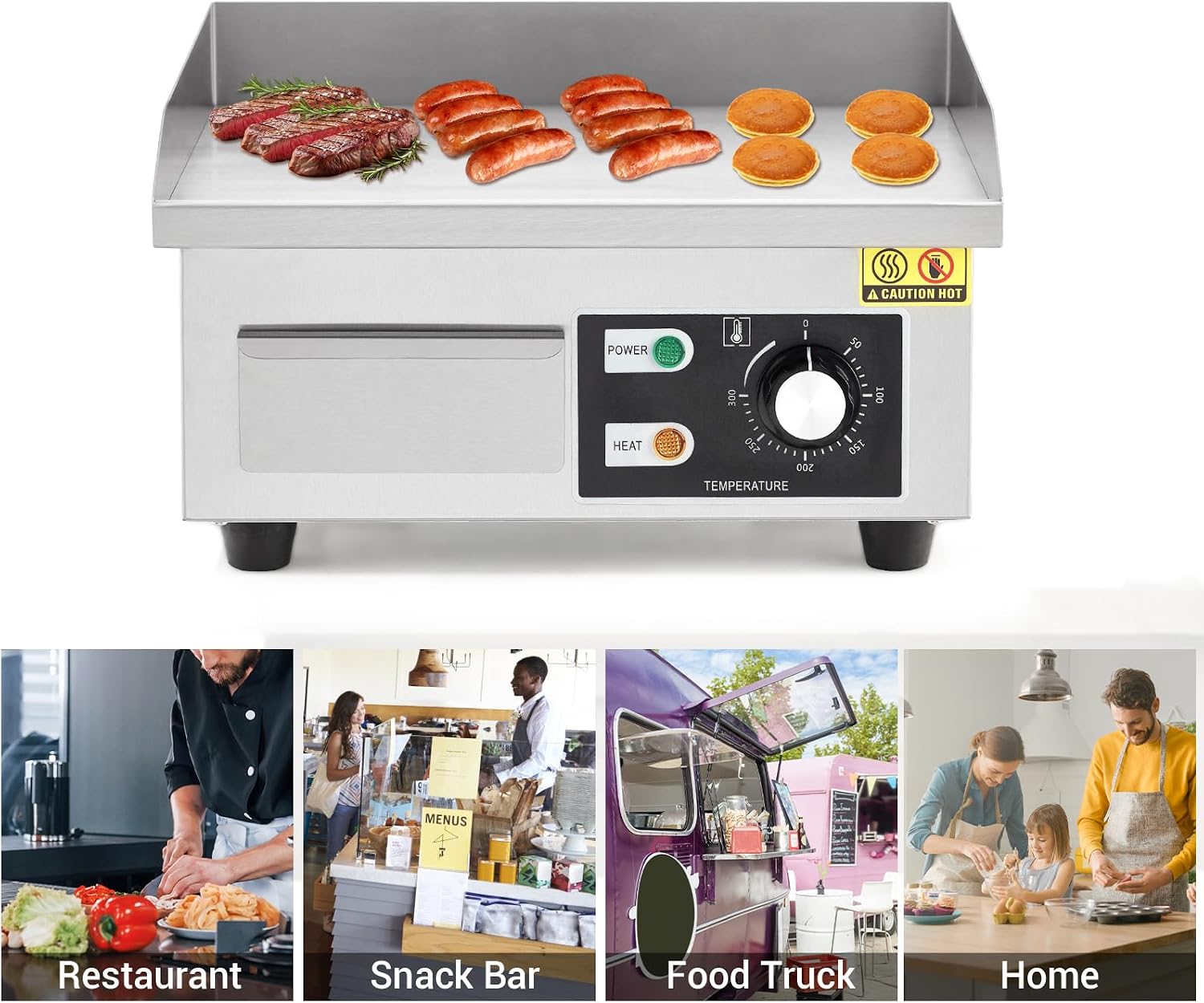 Takywep 14' Commercial Electric Griddle, Stainless Steel Countertop Griddle, Electric Flat Top Grill With Shovel Brush, Restaurant Teppanyaki Grill Cooking Equipment, Temperature Control 50°C - 300°C