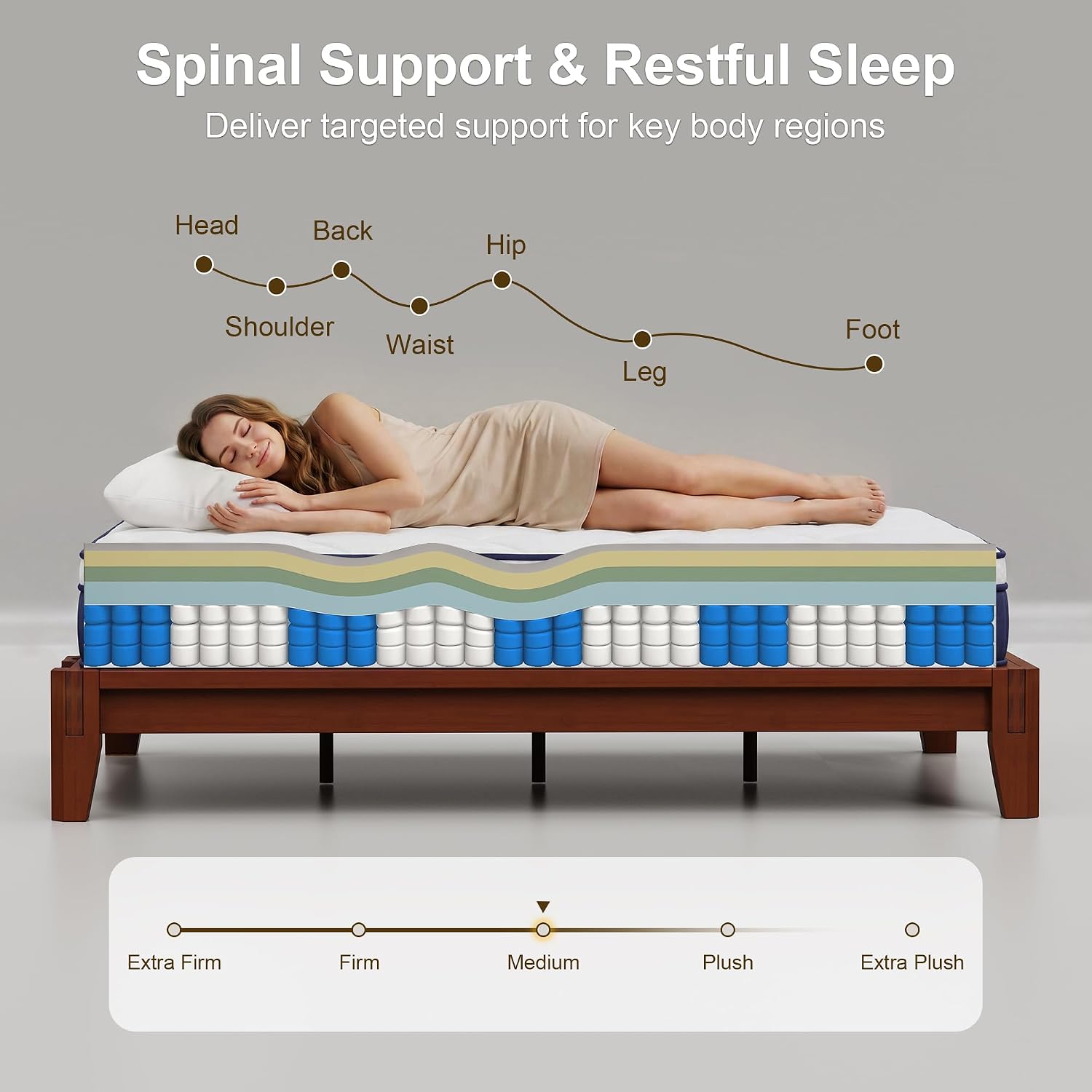 Dolonm Full Size Bamboo Bed Frame with 10' Mattress-Medium Hybrid Firm, Japanese Joinery Bed Frame and Mattress Set, Certipur-US Certified Pocket Spring, Pressure Relief, and Motion Isolation（Walnut