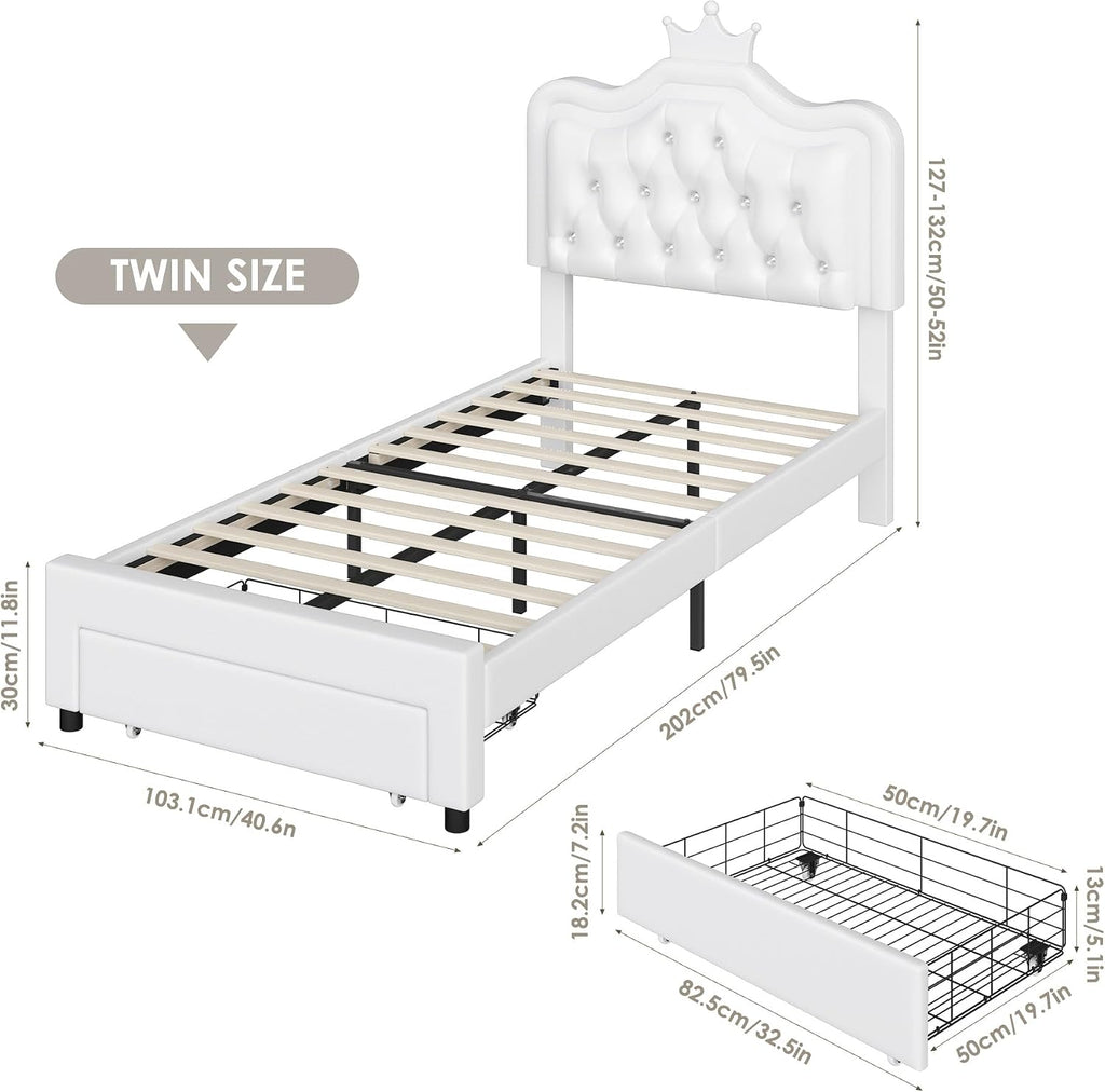 Keyluv 2 Set Twin Upholstered LED Bed Frame with Storage Drawer for Kid, Leather Princess Platform Bed with Adjustable Crystal Button Tufted Crown Headboard, Solid Woode Slats Support, White