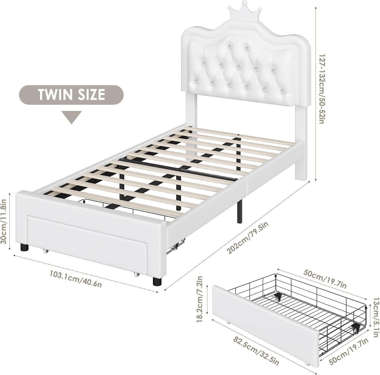 Keyluv 2 Set Twin Upholstered LED Bed Frame with Storage Drawer for Kid, Leather Princess Platform Bed with Adjustable Crystal Button Tufted Crown Headboard, Solid Woode Slats Support, White