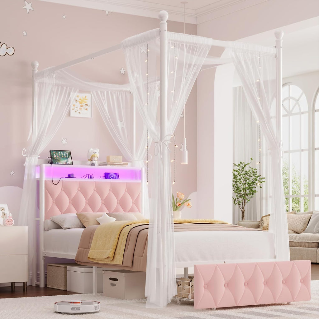 HIFIT Girls Twin Upholstered LED Canopy Bed Frame with Storage and Charging Station, Button Tufted Storage Headboard with Bookshelf, Two-Use Kids Metal Platform Bed w/4 Removable Post & 2 Drawer, Pink