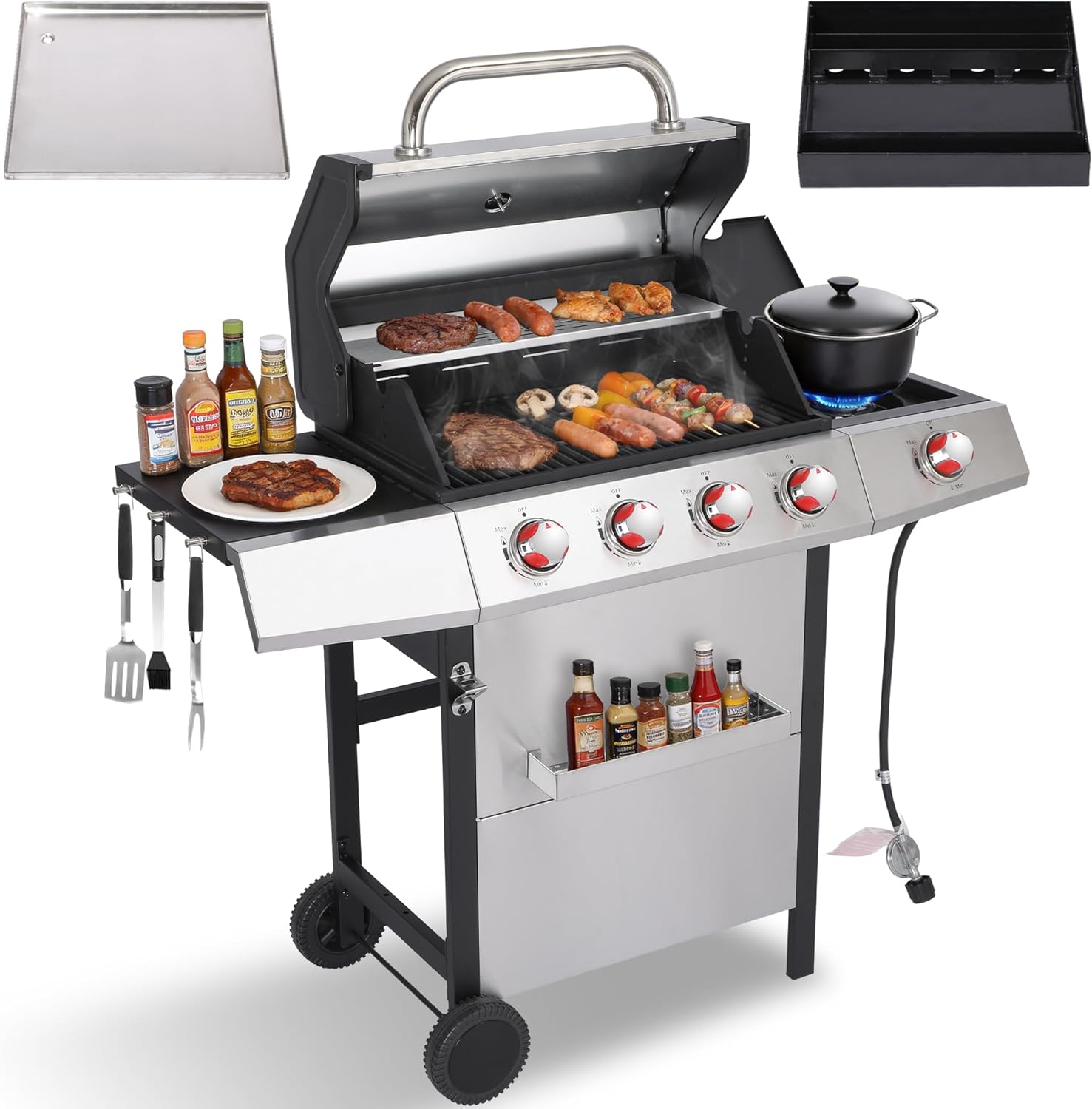 Gas and Charcoal Grill Combo with Side Burner, 4-Burner Propane Grill and Griddle Combo with Porcelain-Enameled Cast Iron Grates & Double-Wall Insulated Lid, 49,000 BTU Outdoor BBQ Grill
