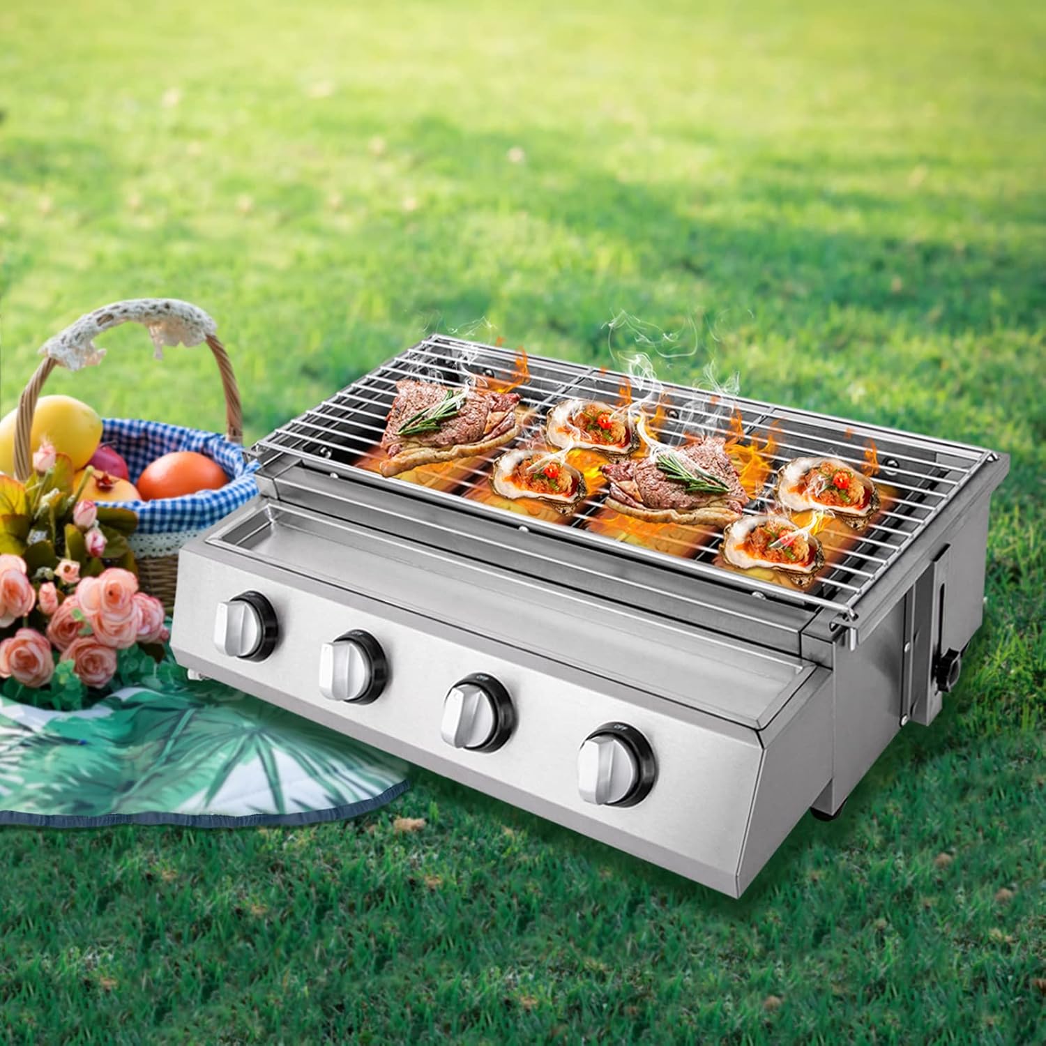 Tabletop Grill Smokeless BBQ with 4 Burners Portable Gas Barbecues Griddle with 4 Independent Switches Gas Grill Griddle for parties, backyard barbeques, Camping, Tailgating or Picnicking