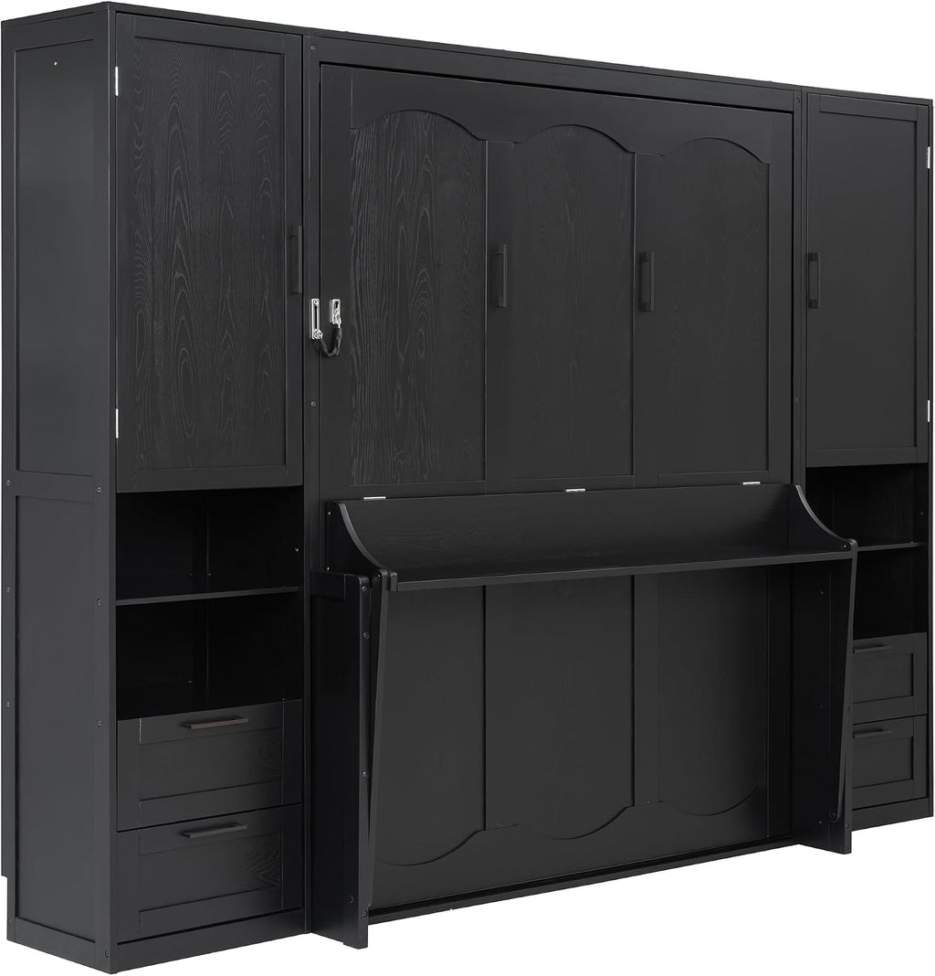 Merax Queen Size Murphy Bed with Desk, Multifunctional Foldable Wall Bed with Closet, Drawers and Shelves, Space-Saving Wood Bed Frame for Small Space Studio Study Office Guest Room, Black(Oak Veneer)