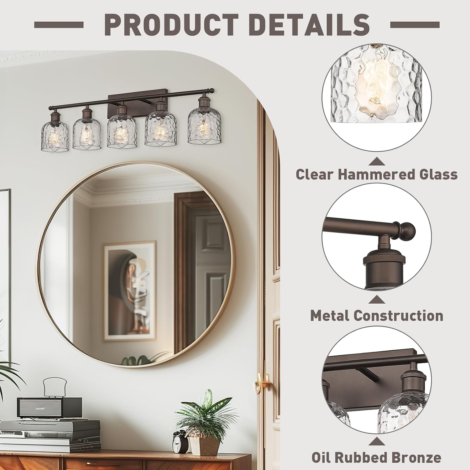 zeyu 35 Inch Farmhouse Bathroom Lighting Fixture, 5-Light Bathroom Vanity Light, Oil Rubbed Bronze Finish with Clear Hammered Glass, ZJF63B-5W ORB