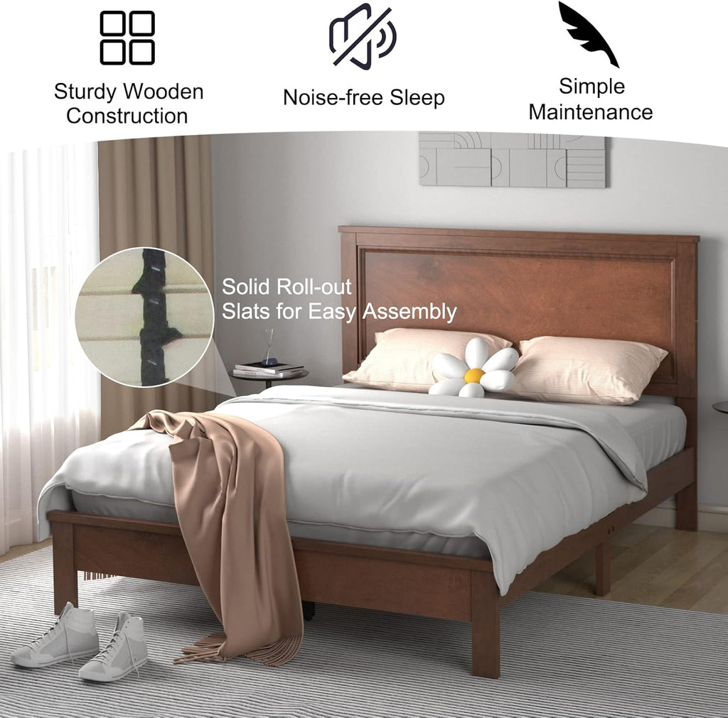 KOMFOTT Full Size Wood Platform Bed Frame with Headboard, Wooden Mid Century Platform Bed with Slat Support & Under Bed Storage, Mattress Foundation Bed Base, No Box Spring Needed, Walnut