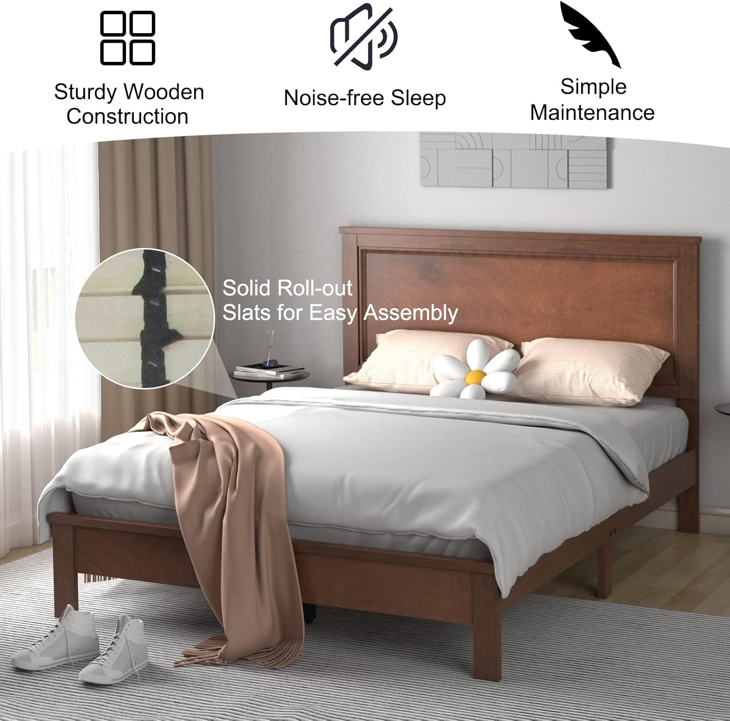 KOMFOTT Full Size Wood Platform Bed Frame with Headboard, Wooden Mid Century Platform Bed with Slat Support & Under Bed Storage, Mattress Foundation Bed Base, No Box Spring Needed, Walnut