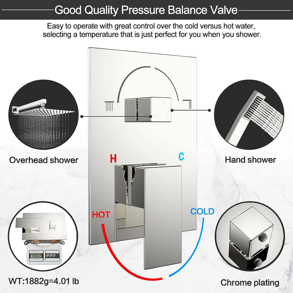 Rain Shower System 12 inch Shower Faucet Set with Tub Spout,Bathroom Wall Mounted Waterfall Shower Head Faucet Sets Complete with Handheld Spray,Rough-in Valve Body and Trim kit,Chrome Polished