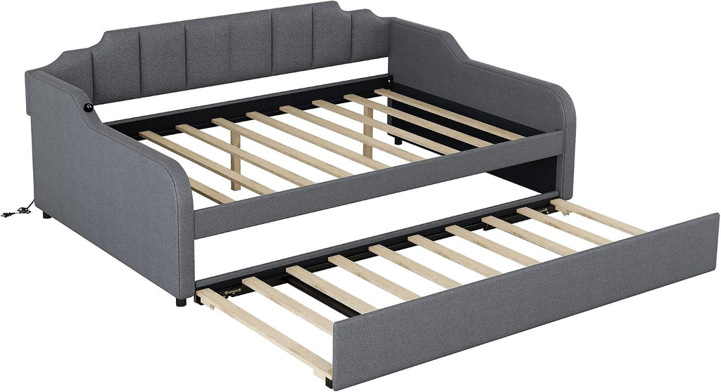 Daybed with Trundle and USB Charging Design, Full Size Upholstery Day Bed Frame, Trundle can be Flat or erected,Grey