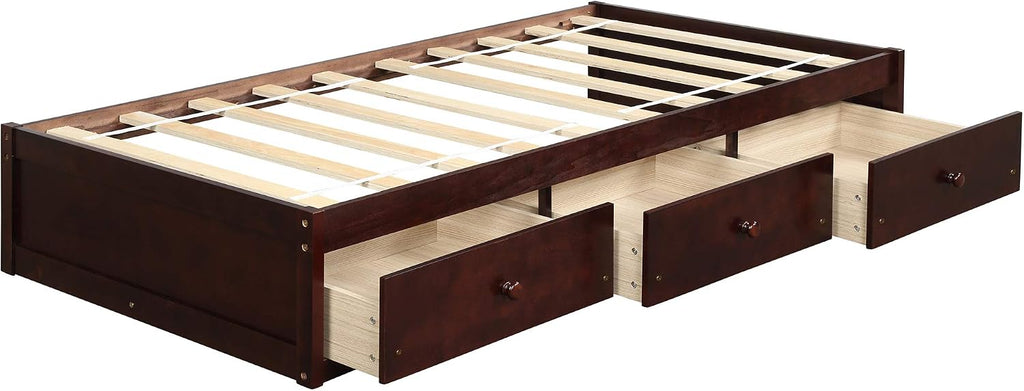 SOFTSEA Twin Size Platform Bed with Storage Drawers, Wood Bed Frame with Support Slats, Wood Daybed for Bedroom, Single Bed Frame for Kids Adults, No Box Spring Needed, Cherry