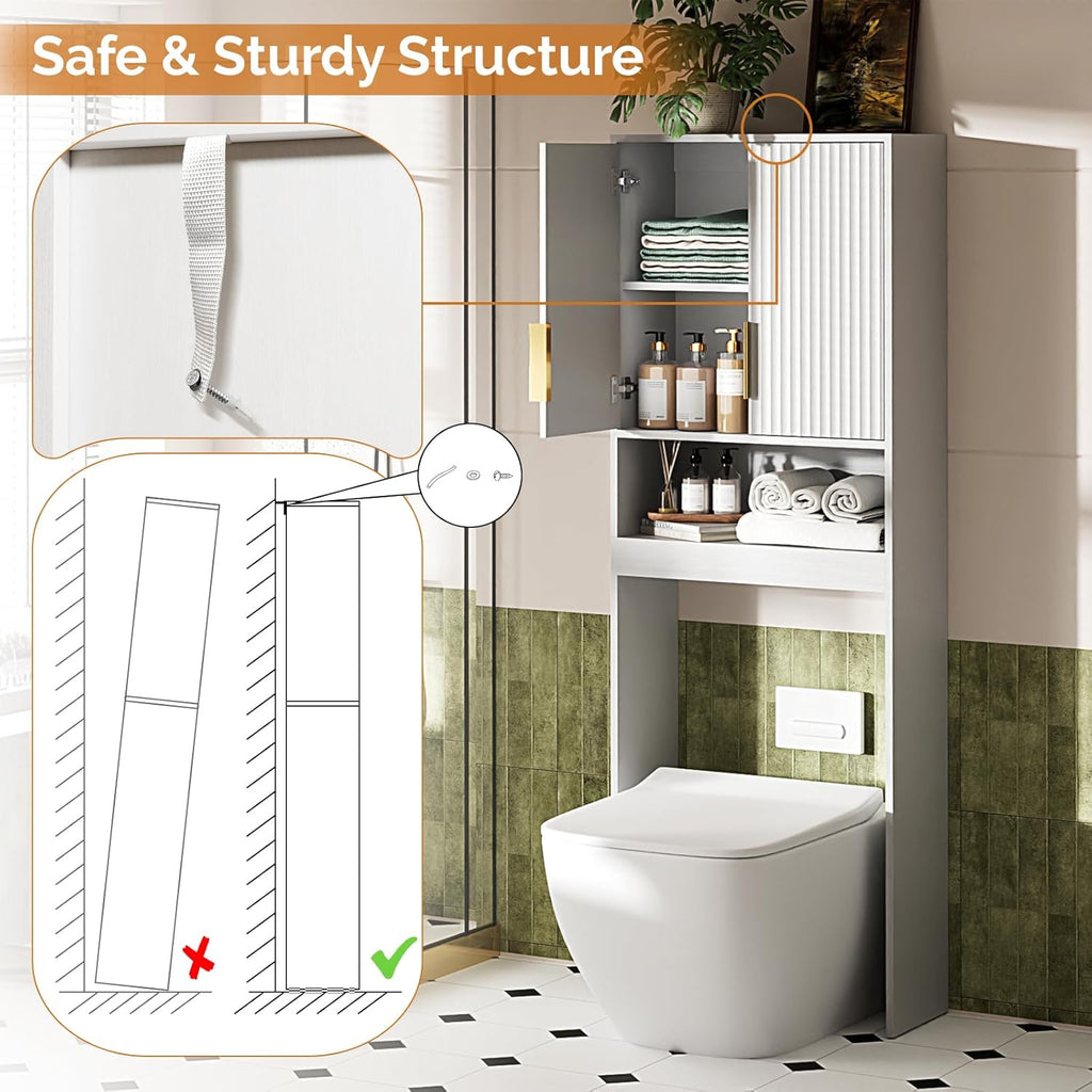 VINGLI Over The Toilet Storage Cabinet White, Modern Bathroom Organizer with Fluted Doors, Freestanding Wooden Space Saver Stand with Adjustable Bottom Bar for Laundry, Gold Handles