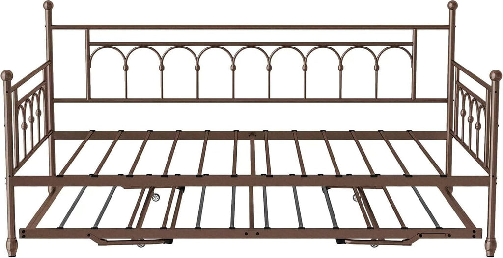 Metal Twin Daybed with Trundle, Stylish Day Bed with Trundle Bed Twin, Versatile Daybeds and Fold-Up Trundle Set for Guest Room, Home Office Twin Trundle Bed Frame,Bronze