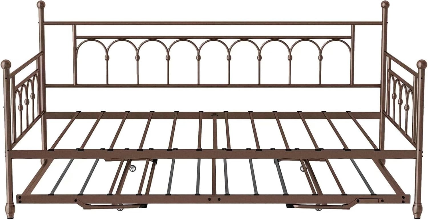 Metal Twin Daybed with Trundle, Stylish Day Bed with Trundle Bed Twin, Versatile Daybeds and Fold-Up Trundle Set for Guest Room, Home Office Twin Trundle Bed Frame,Bronze