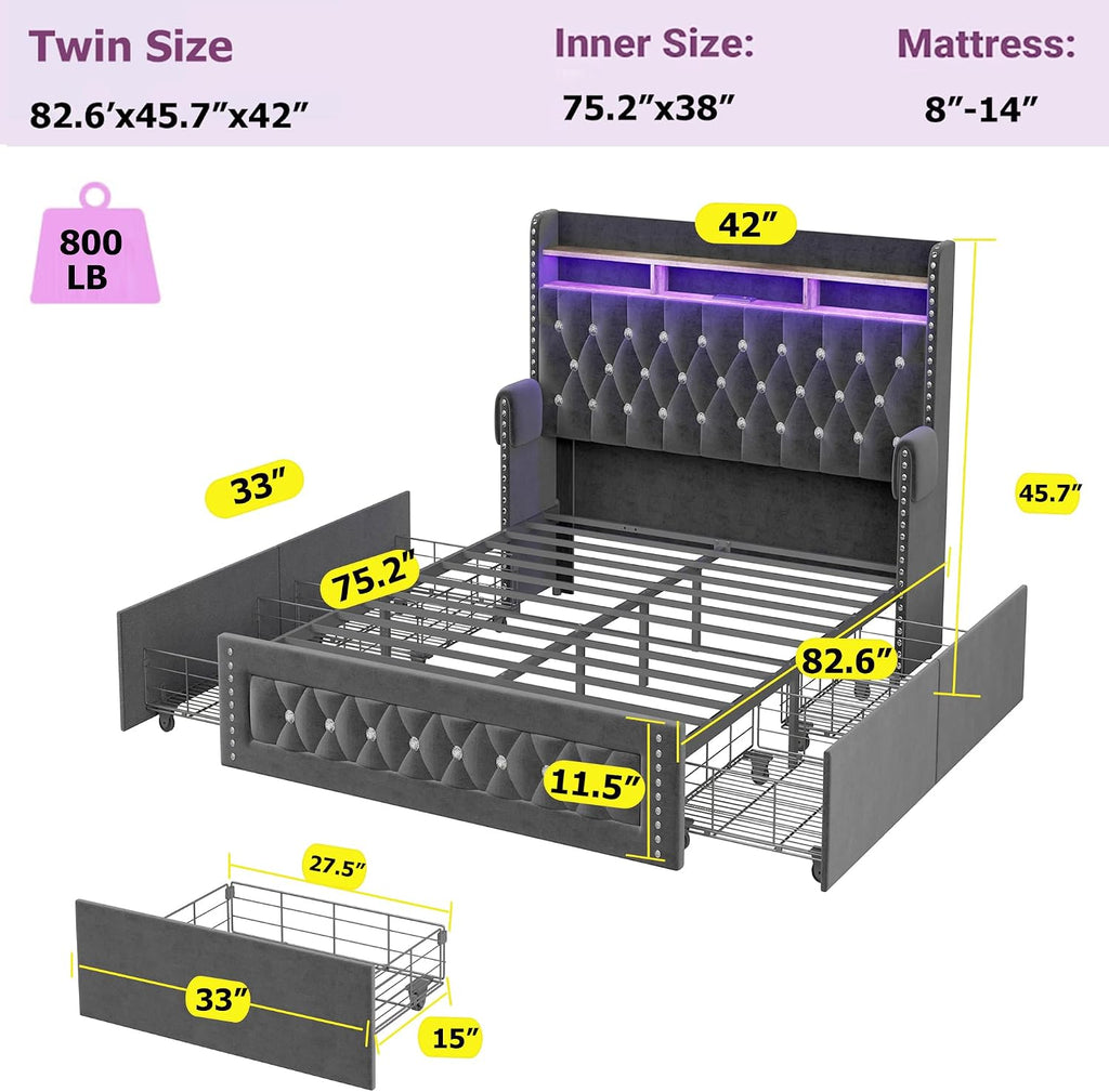 Ailisite Twin Size Bed Frame with 4 Storage Drawers and RGB Led Lights,Velvet Upholstered Platform Bed with Charging Station and Bookcase Storage Headboard, with Crystal and Rivet Deco, Grey