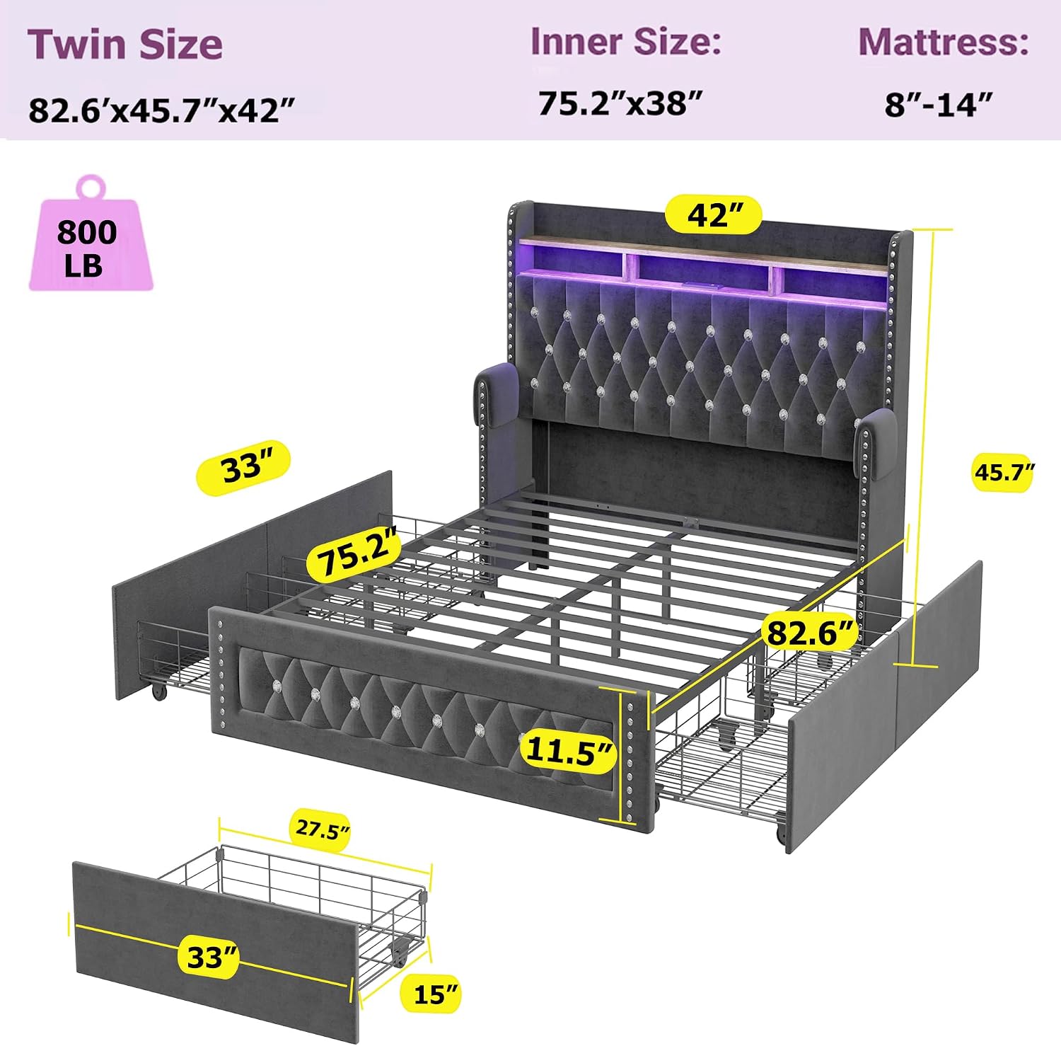Ailisite Twin Size Bed Frame with 4 Storage Drawers and RGB Led Lights,Velvet Upholstered Platform Bed with Charging Station and Bookcase Storage Headboard, with Crystal and Rivet Deco, Grey