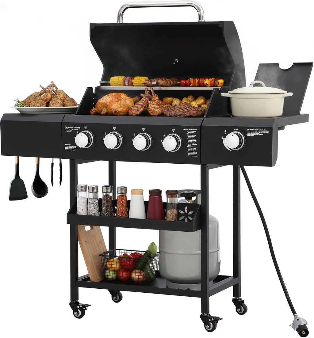 4-Burner Propane Gas BBQ Grill with Side Burner, 50,000 BTU Outdoor Portable Barbecue Grill w/Stainless Steel Grates, Side Table, Spice Rack & Wheels for Outdoor Cooking Patio Backyard Camping