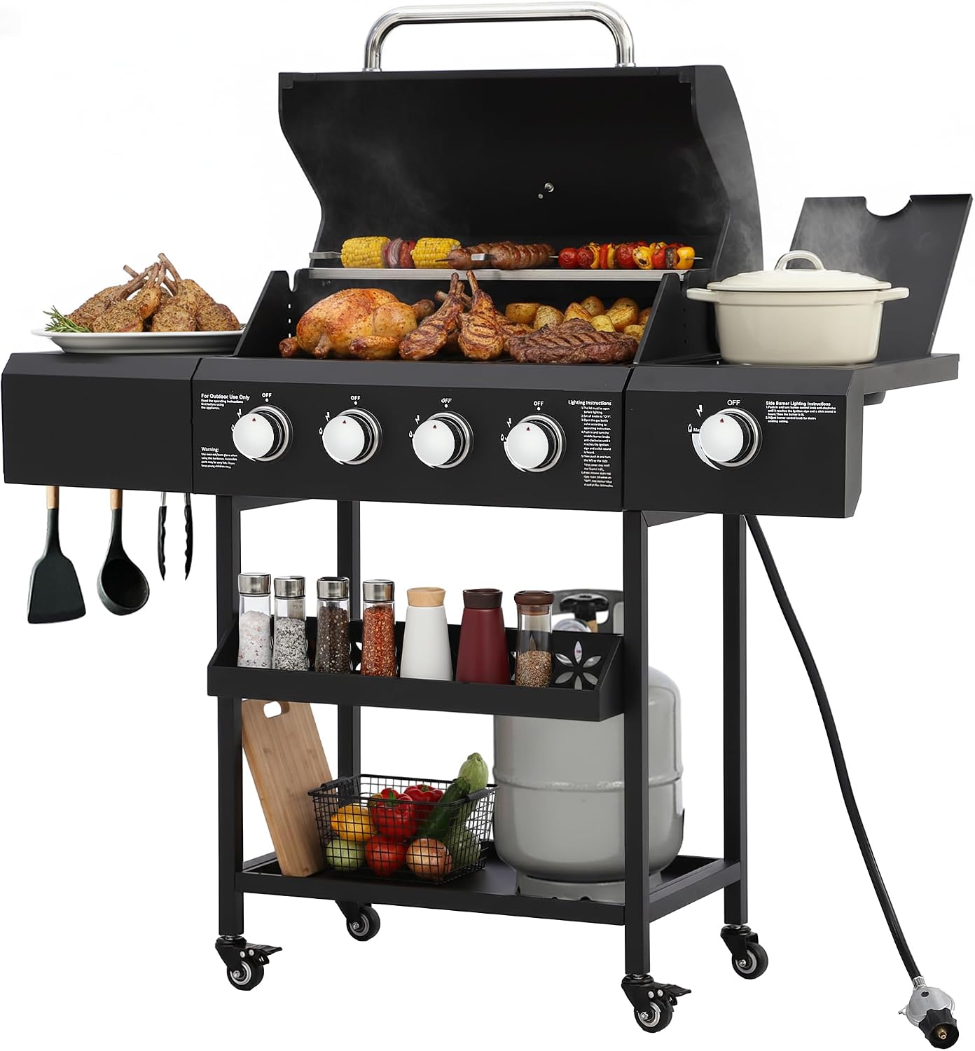 4-Burner Propane Gas BBQ Grill with Side Burner, 50,000 BTU Outdoor Portable Barbecue Grill w/Stainless Steel Grates, Side Table, Spice Rack & Wheels for Outdoor Cooking Patio Backyard Camping