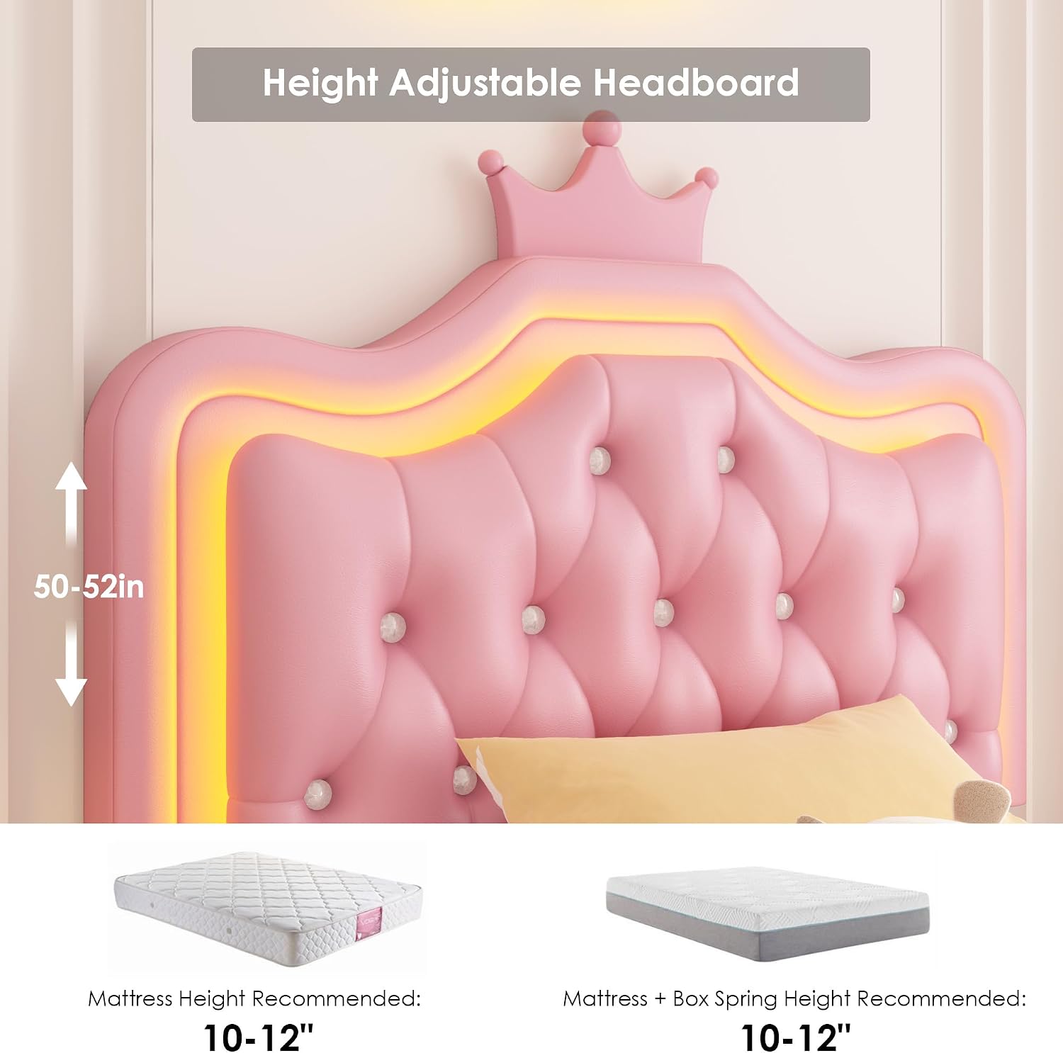 Keyluv 2 Set Twin Upholstered LED Bed Frame with Storage Drawer for Kid, Leather Princess Platform Bed with Adjustable Crystal Button Tufted Crown Headboard, Solid Woode Slats Support, Pink
