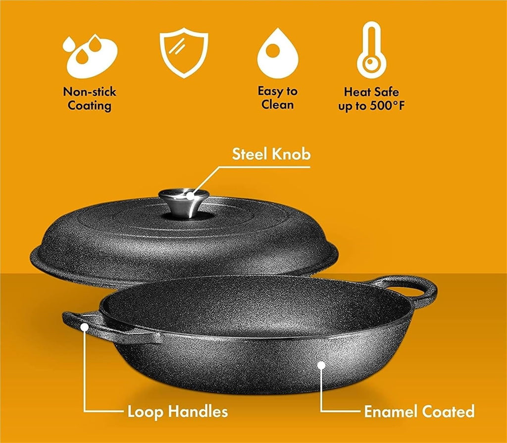 Casserole Dish Heavy Duty Cast Iron Casserole Braiser-Pan with Cover Oven Black Cookware for Versatile Cooking