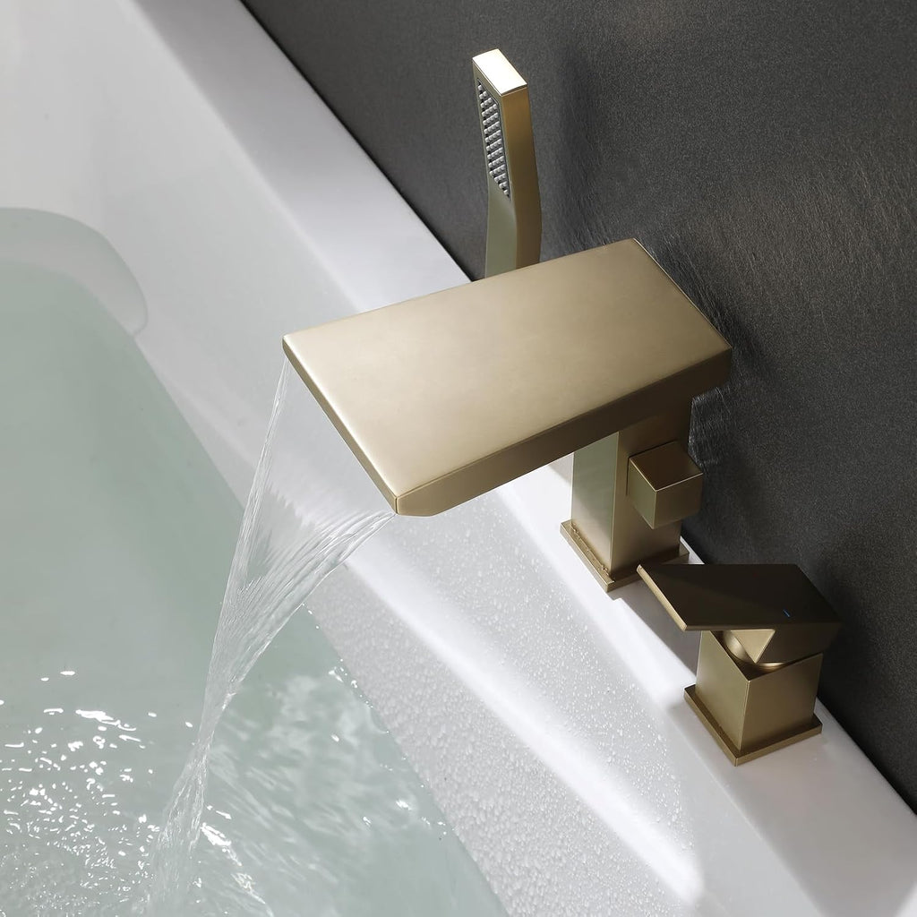 Waterfall Roman Tub Faucet with Hand Shower, Deck Mount Tub Filler Bathtub Faucet with Sprayer, Brass Widespread 3 Hole Bathtub Shower Faucet Set, Brushed Gold