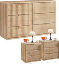 LEYAOYAO Fluted Dresser and 3 Drawers Nightstand Set of 2, Wood 48' Wide Dresser & 23' Night Stand with Charging Station, 3 Piece Bedroom Furniture Set, Chest of Drawers for Home,Living Room,Wood