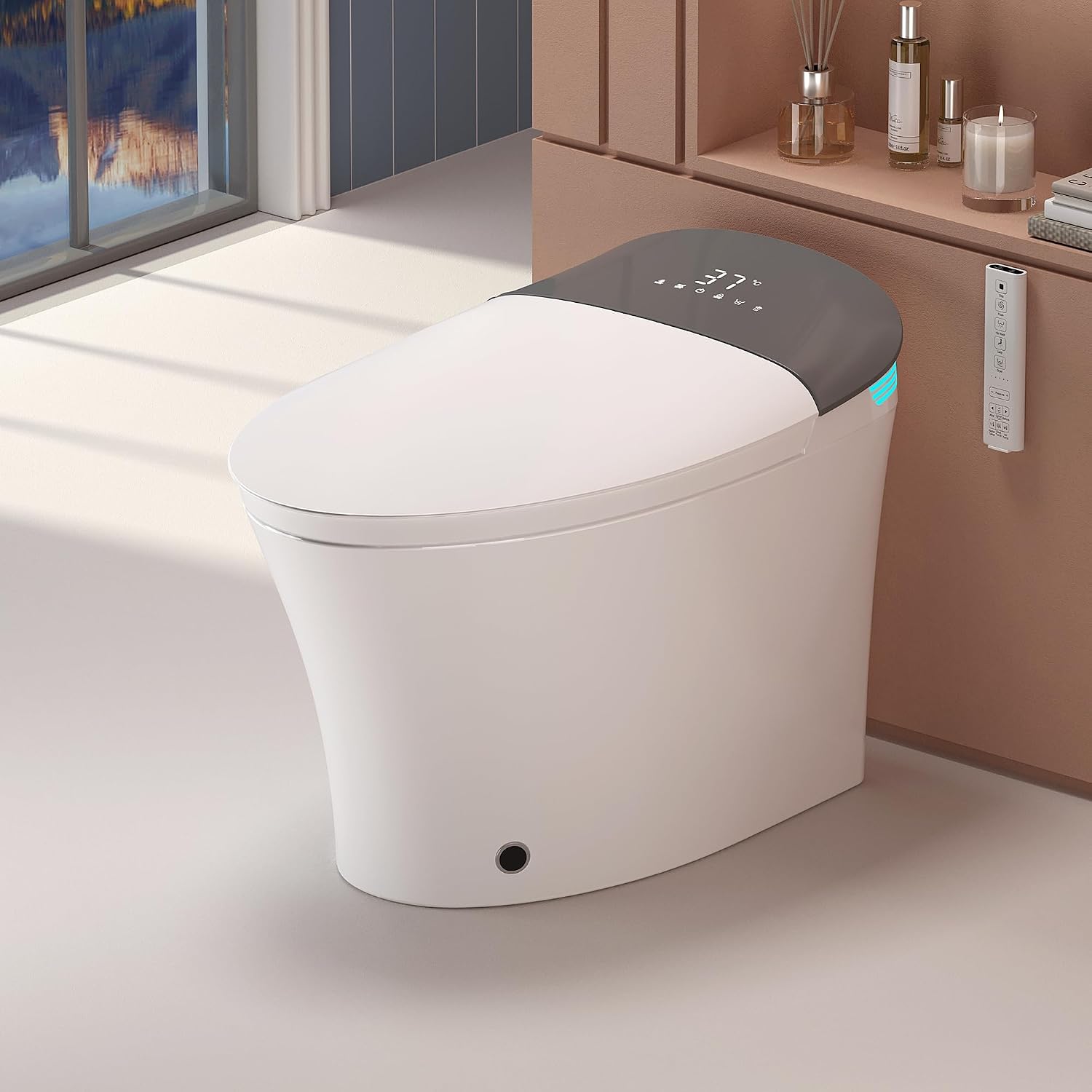 WinZo Smart Toilet With Bidet, ADA One-Piece Elongated, Auto Open/Close & Flush, Heated Seat, Front & Rear Wash, LED Display, Night Light, 12-inch Rough-in, White, Ceramic (Gery)