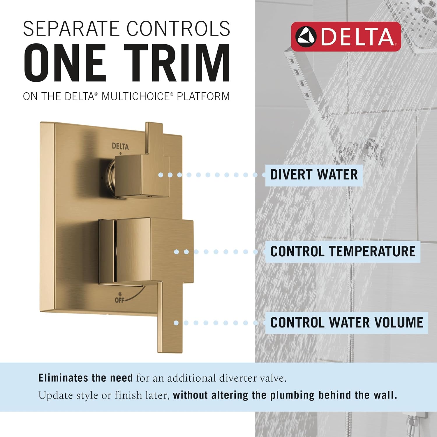 Delta Modern 14 Series Square Rain Shower System Faucet Set, Rainfall Brushed Gold Shower Head and Handle Set, Valve Trim Kit, 10 Inch, Champagne Bronze T342701-CZ (Valve Not Included)