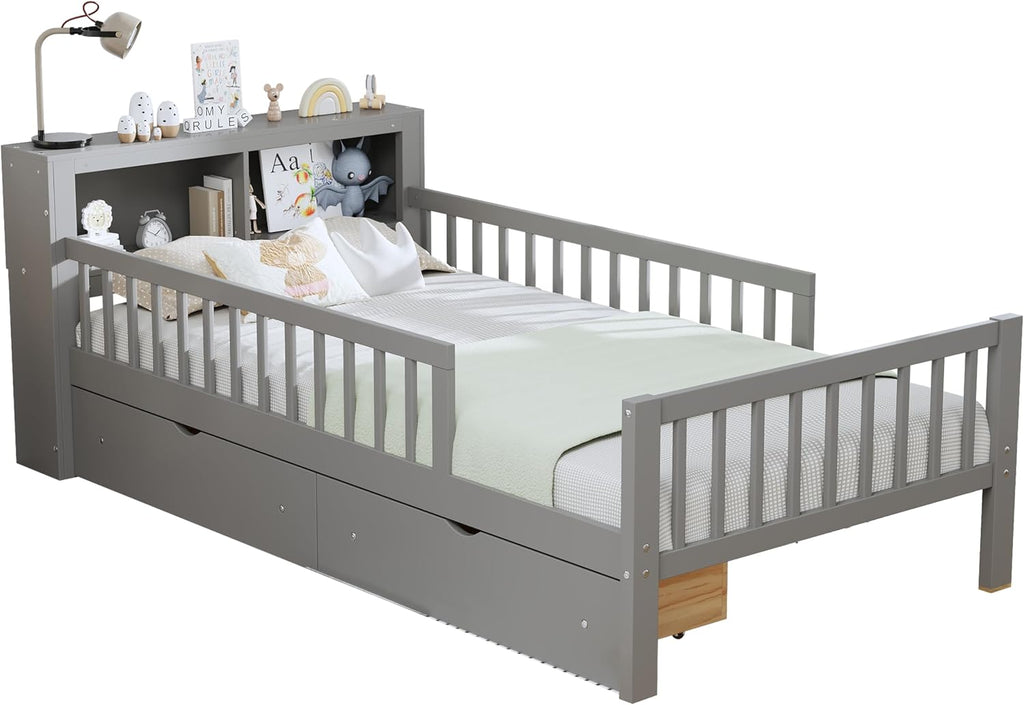 VilroCaz Wood Twin Size Platform Bed with Safety Fence for Kids Boys Girls, Platform Bed Frame with Practical Headboard and 2 Under-Bed Drawers, Sturdy Slats Support (Gray-3.15)