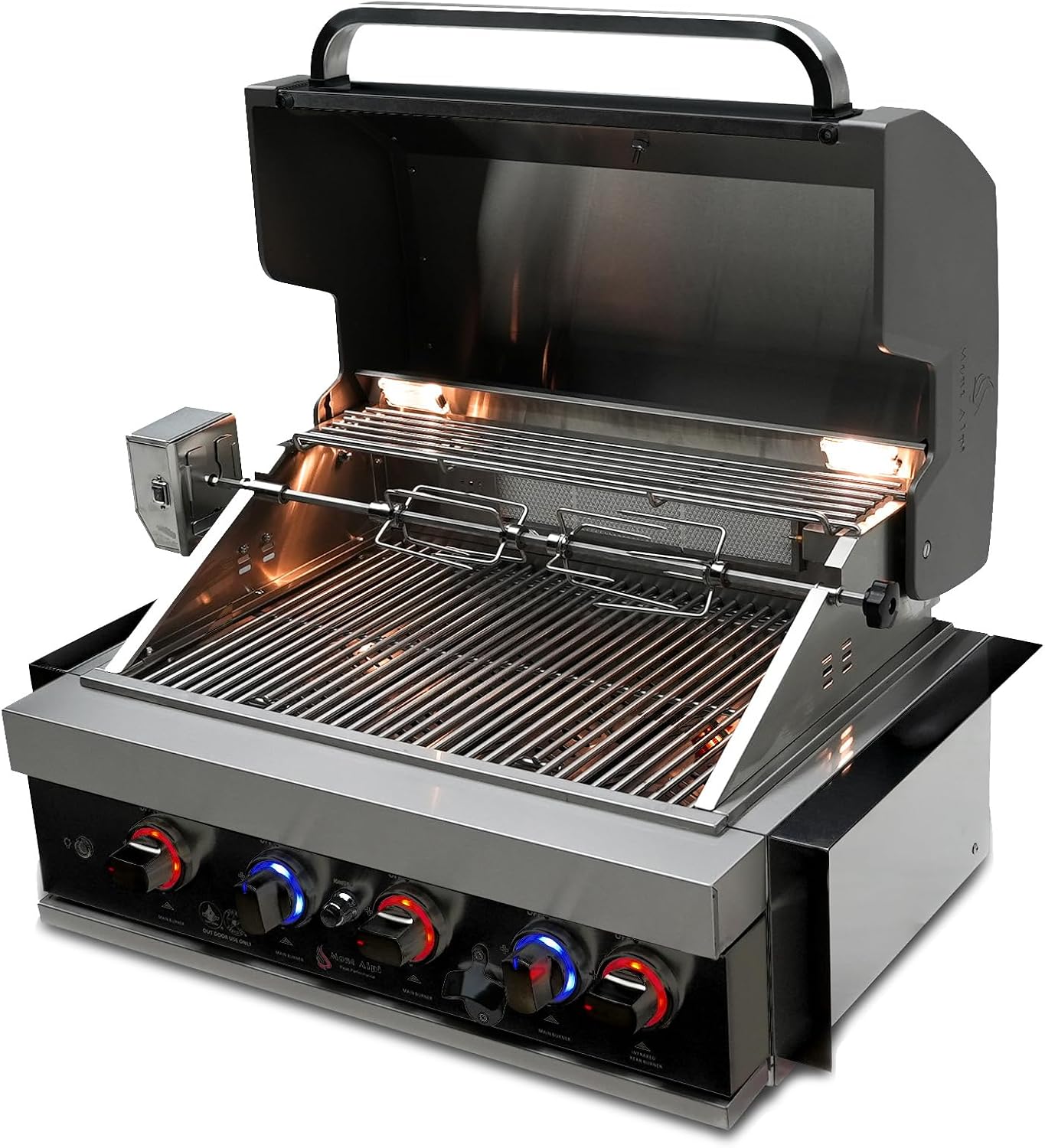 Mont Alpi Premium 32'W x 23'D x 21'H Black Stainless Steel 4-Burner Built-in BBQ Gas Grill Head with Infrared Rear Burner + Rotisserie Kit + Outdoor Rated Refrigerator + Charcoal Tray + Griddle Plate