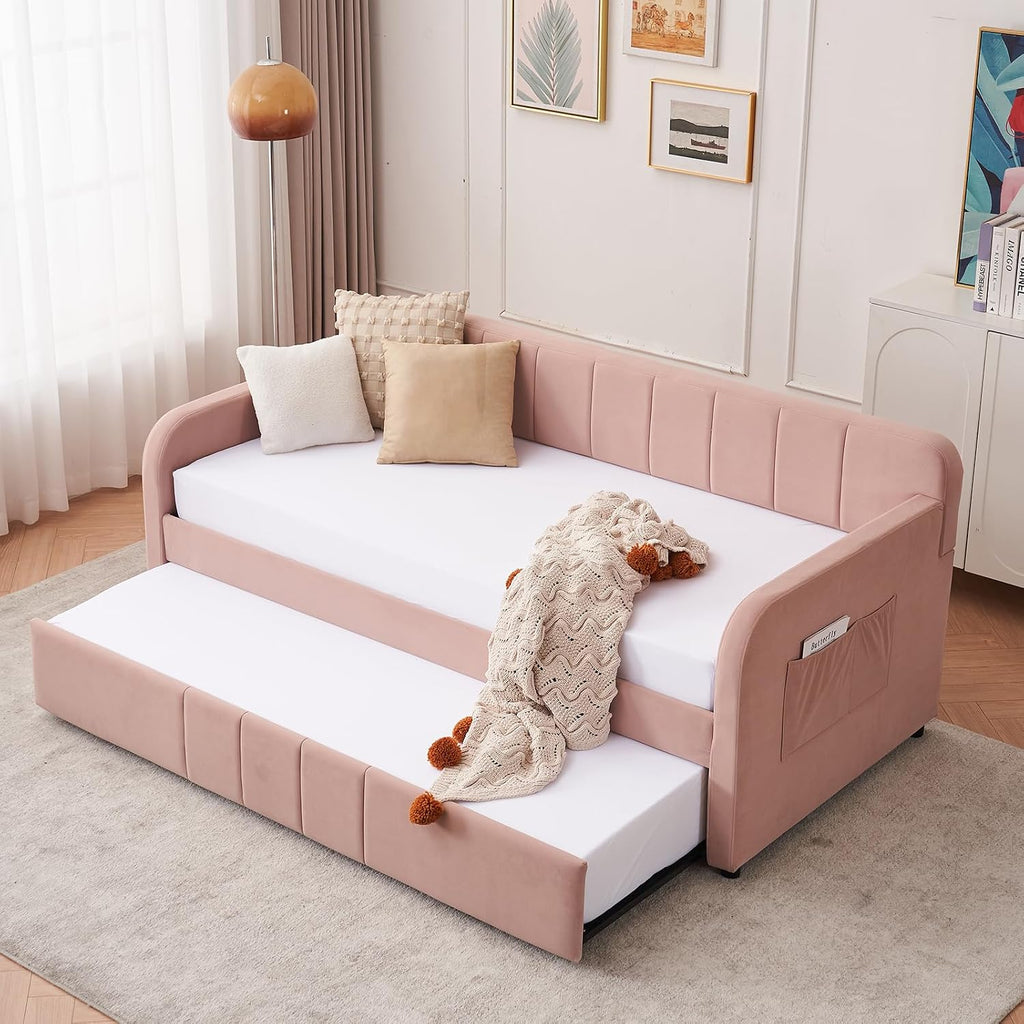 Deolme Twin to King Daybed with Trundle, USB Ports, Velvet Upholstered Daybed with Pop Up Trundle Bed, Modern Extendable Day Bed Frame for Kid Adult Bedroom Living Room Guest Room Small Places Pink