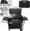Griller's Choice Gas Griddle Bundle - Griddle, 16 pc Spatula Set, Grill Cover - Hinged Hood, Wind Guards, No Mess Disposable Front Grease Cups, 4 Shelves, Propane Flattop Grill