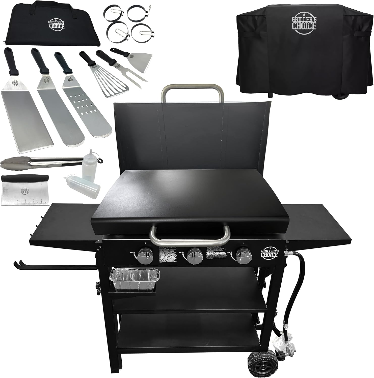 Griller's Choice Gas Griddle Bundle - Griddle, 16 pc Spatula Set, Grill Cover - Hinged Hood, Wind Guards, No Mess Disposable Front Grease Cups, 4 Shelves, Propane Flattop Grill